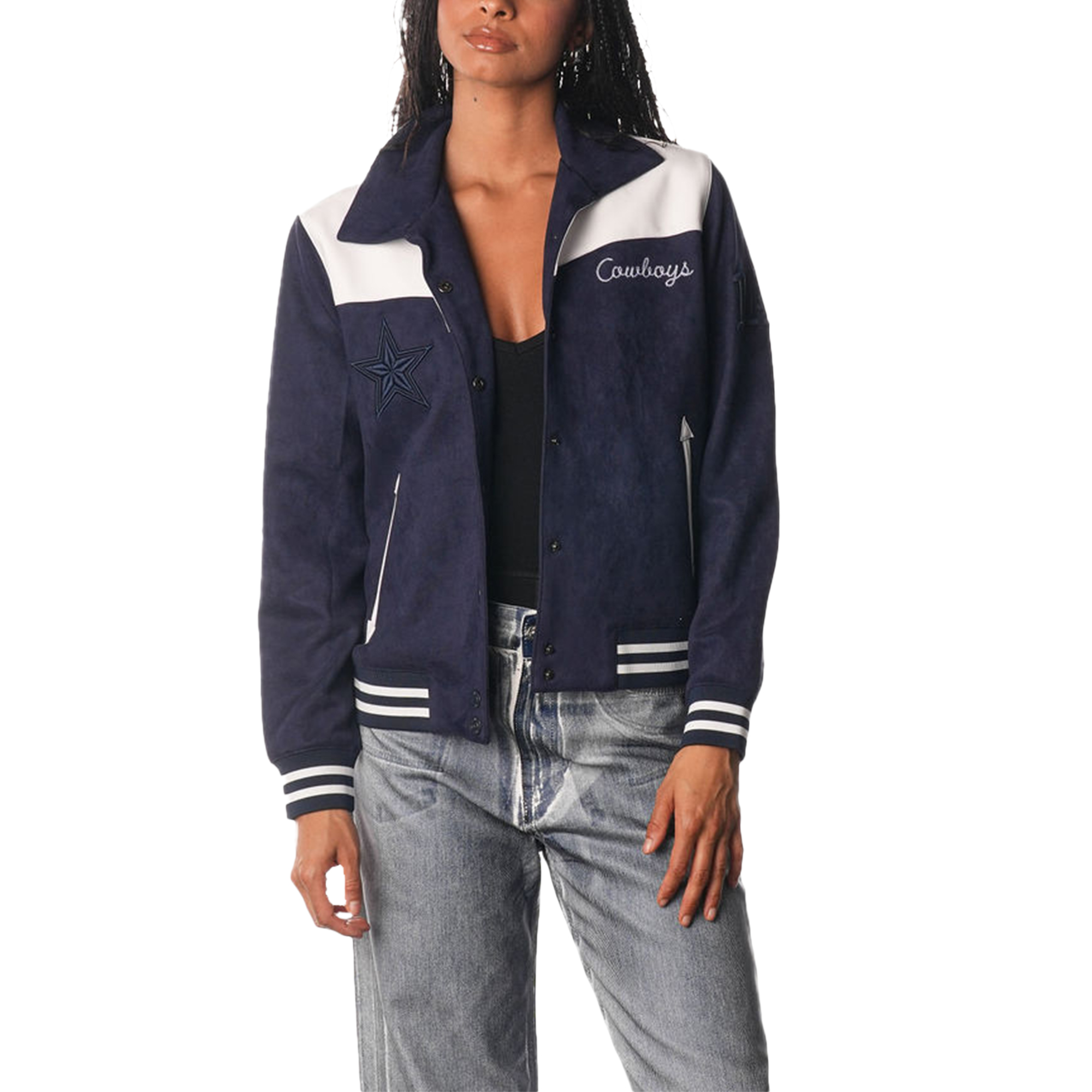Women's The Wild Collective Navy Dallas Cowboys Suede Full-Snap Bomber Jacket