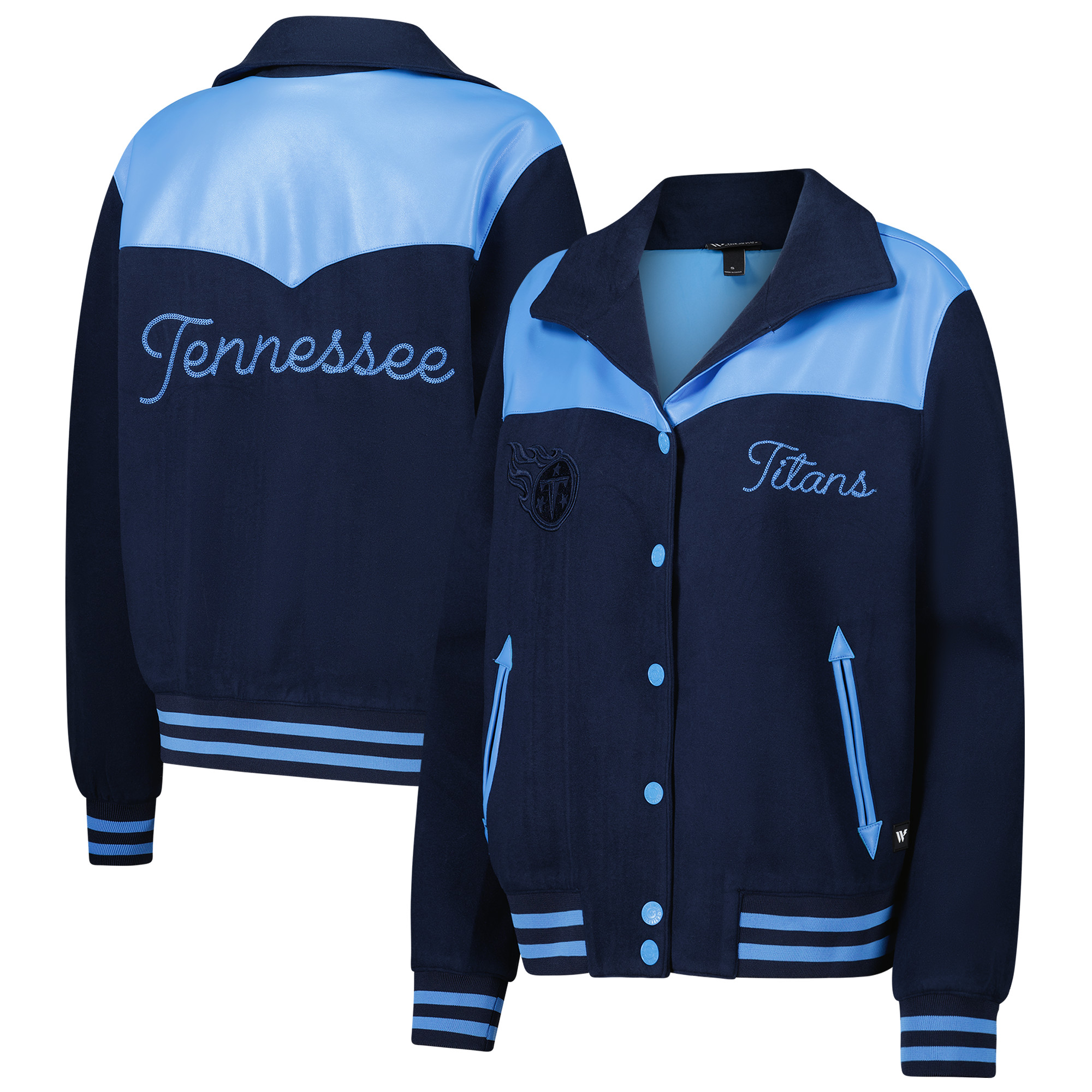 Women's The Wild Collective Navy Tennessee Titans Suede Full-Snap Bomber Jacket