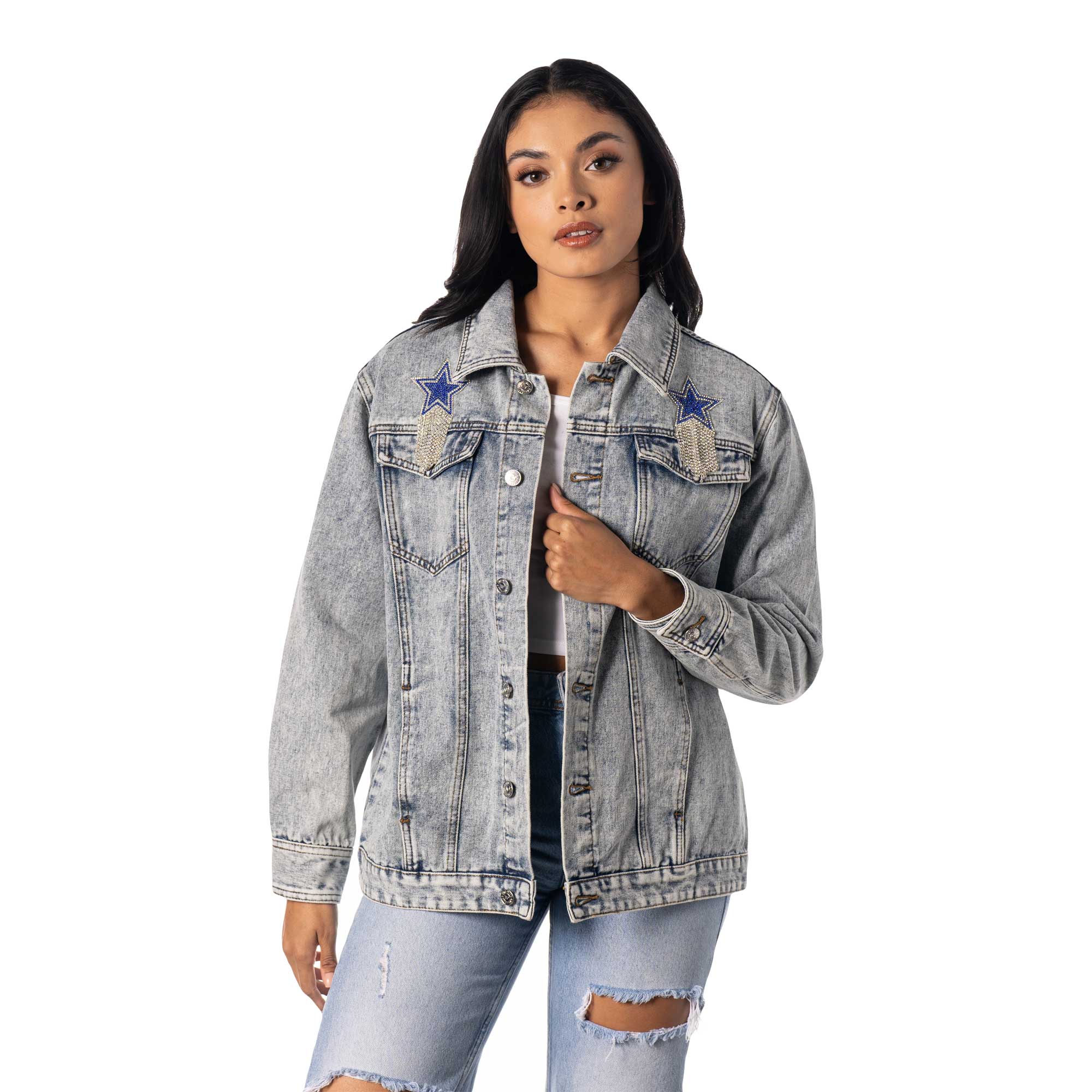Women's The Wild Collective Dallas Cowboys Rhinestone Denim Sequin Fringe Button-Up Jacket