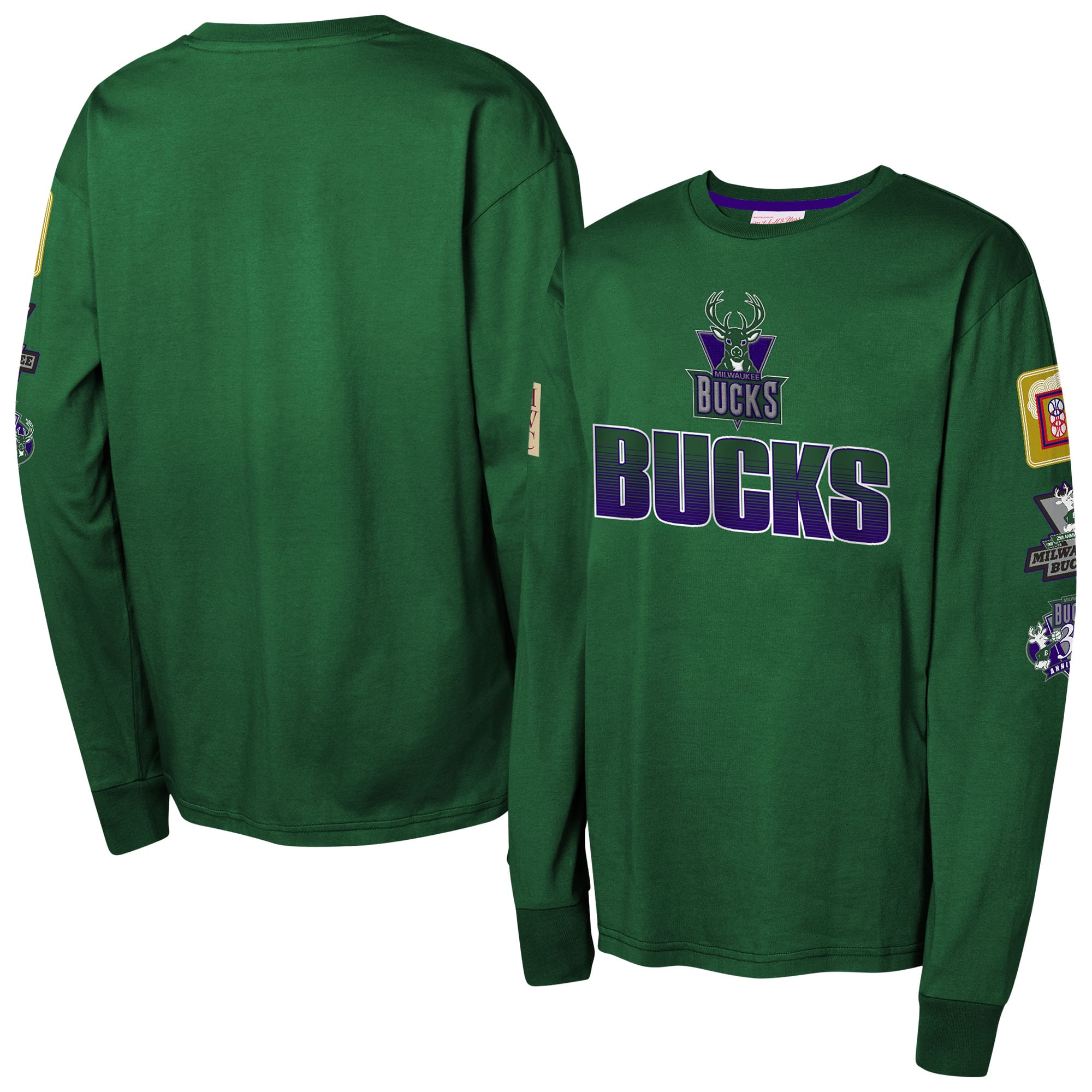 Youth Mitchell & Ness Hunter Green Milwaukee Bucks Hardwood Classics All Over Long Sleeve T-Shirt