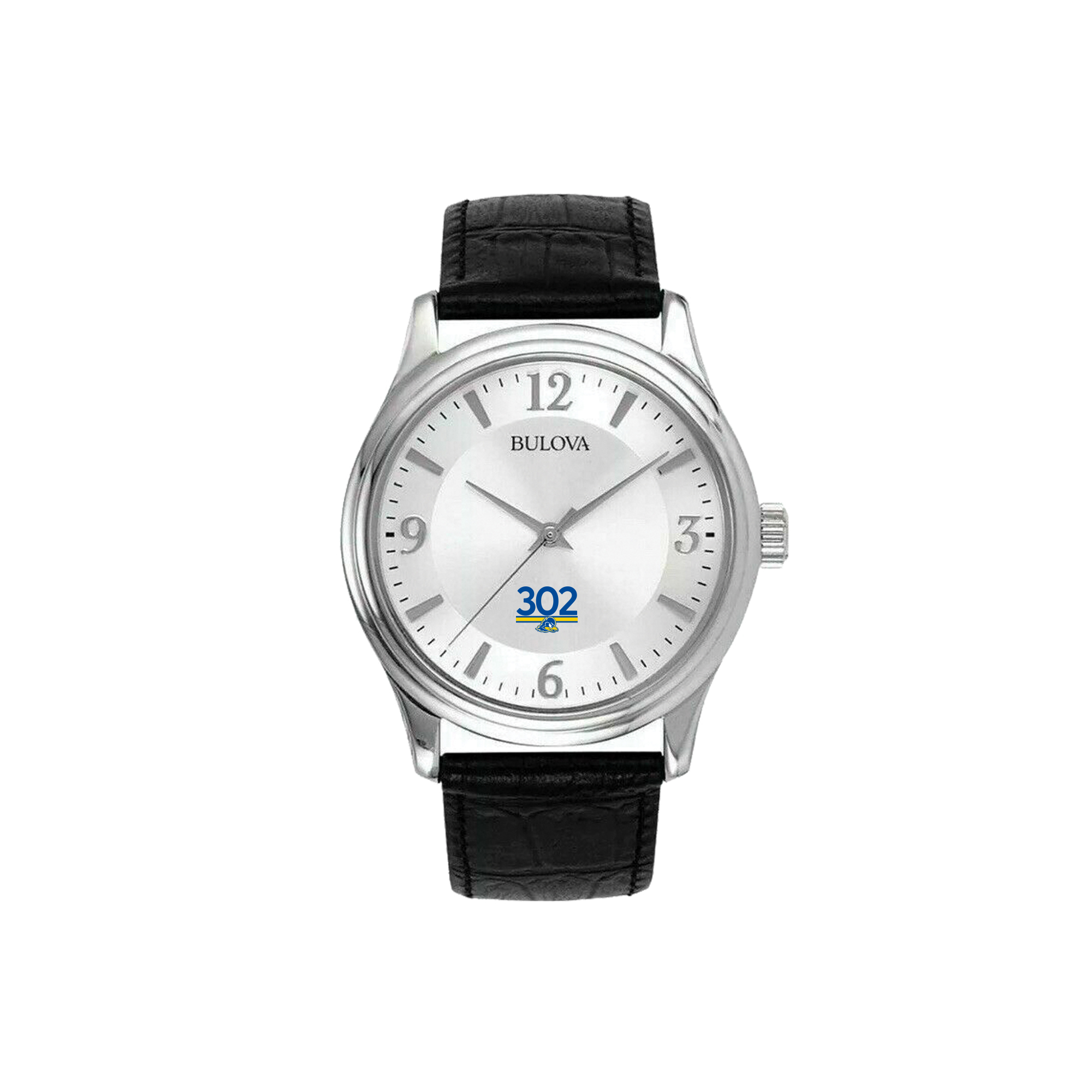 Men's Bulova Delaware Fightin' Blue Hens Silver-Tone Leather Strap Watch