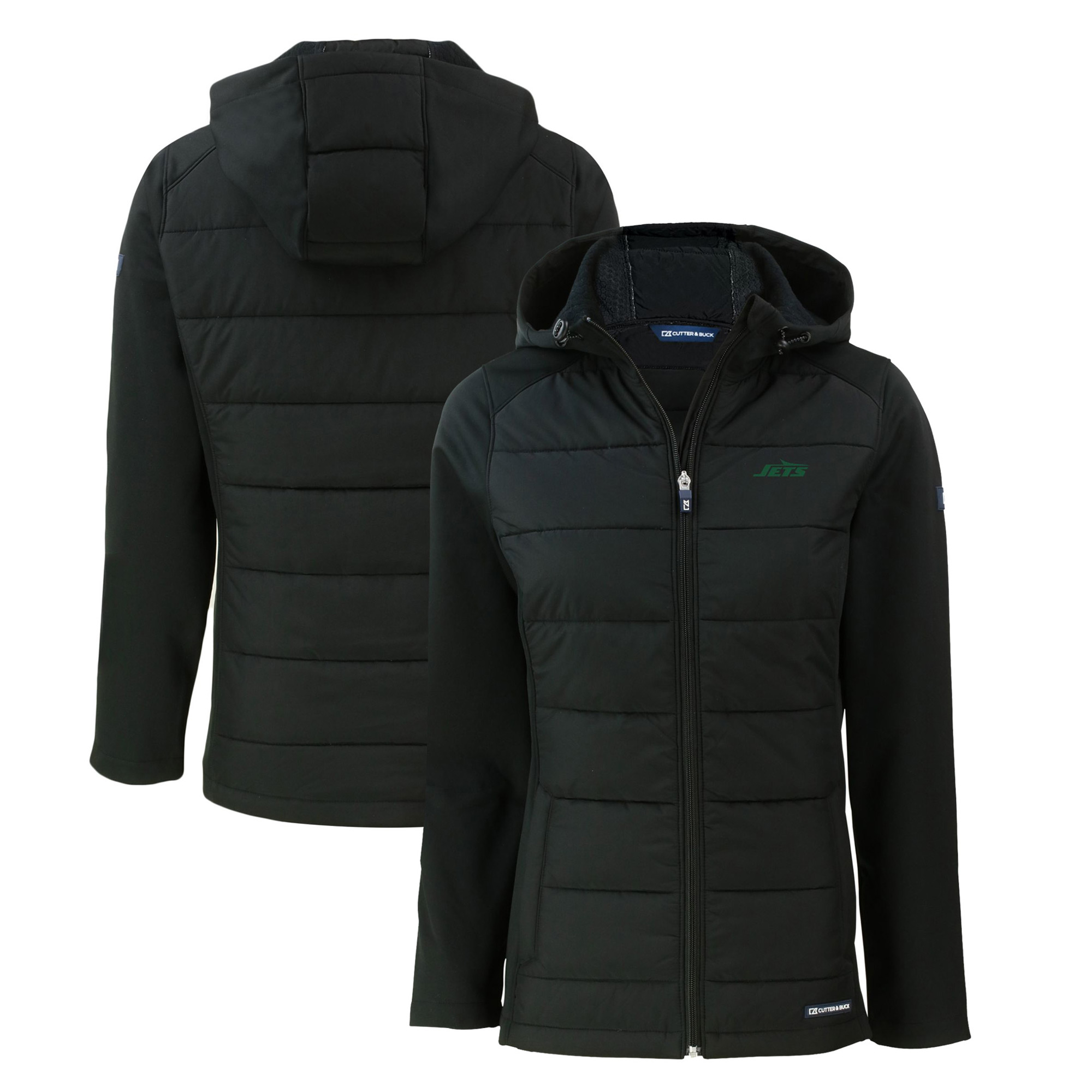 Women's Cutter & Buck Black New York Jets Primary Logo Evoke Hybrid Eco Softshell Recycled Full-Zip Hoodie Jacket