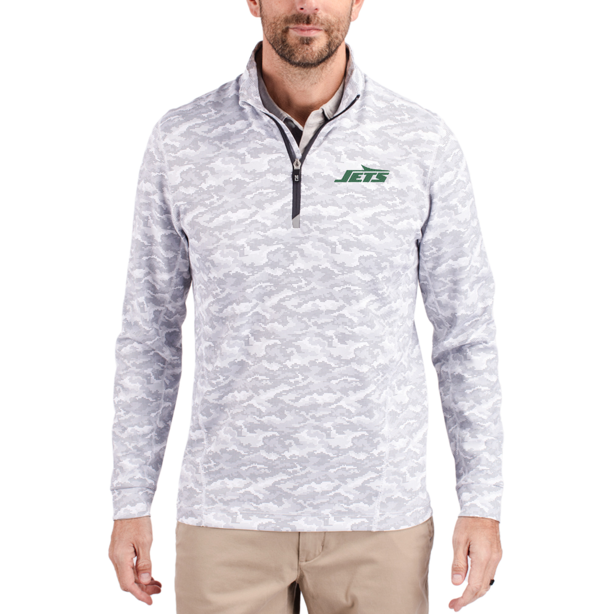 Men's Cutter & Buck Gray New York Jets Primary Logo Traverse Stretch Camo Print Eco Quarter-Zip Top