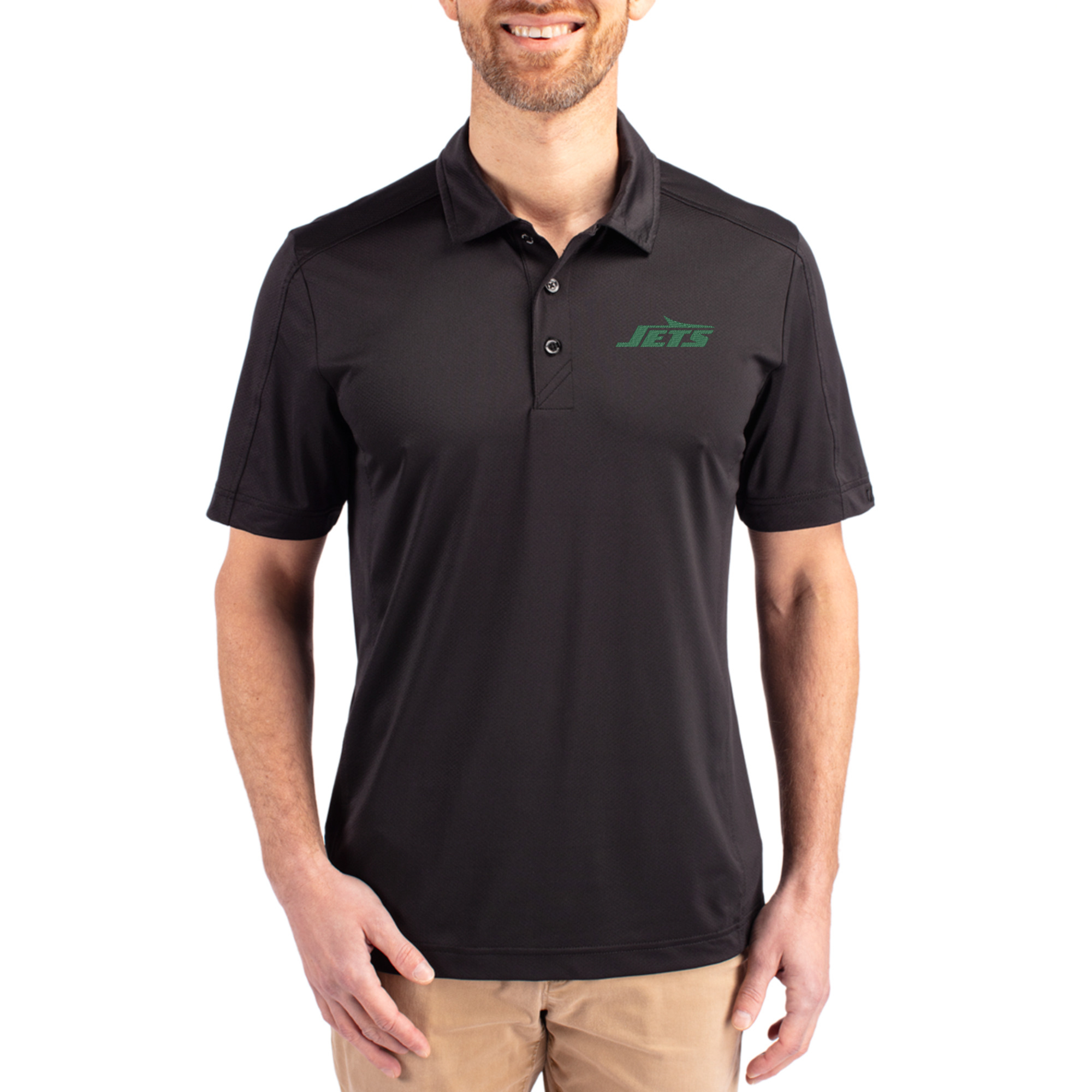 Men's Cutter & Buck Black New York Jets Primary Logo Prospect Eco Textured Stretch Recycled Polo