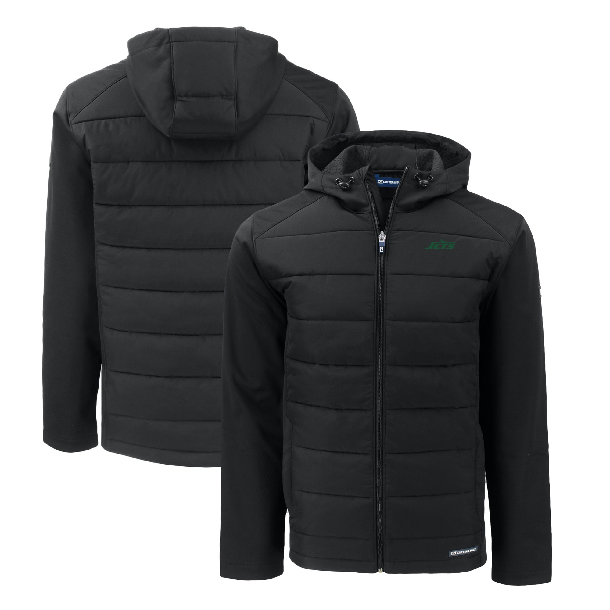 Men's Cutter & Buck Black New York Jets Primary Logo Evoke Hybrid Eco Softshell Recycled Full-Zip Hooded Jacket