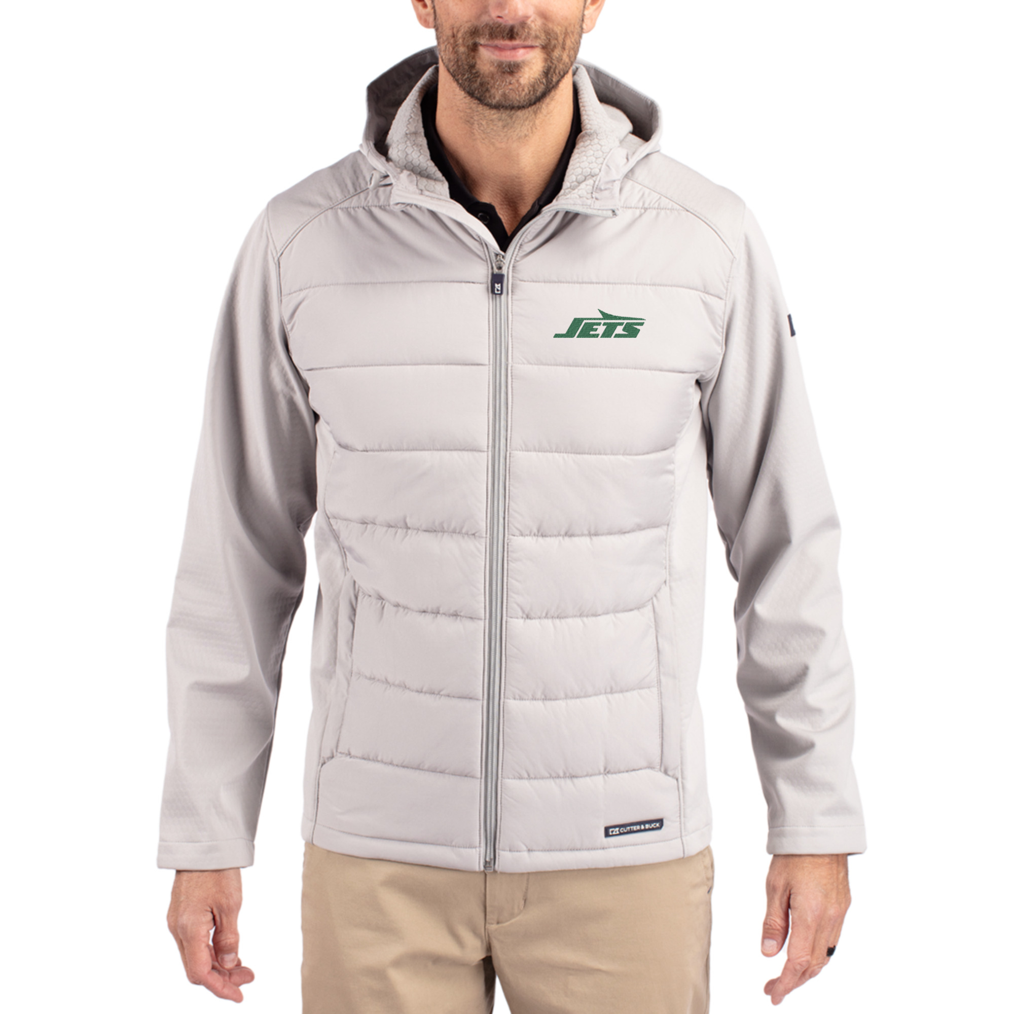 Men's Cutter & Buck  Gray New York Jets Primary Logo Evoke Hybrid Eco Softshell Recycled Full-Zip Hooded Jacket