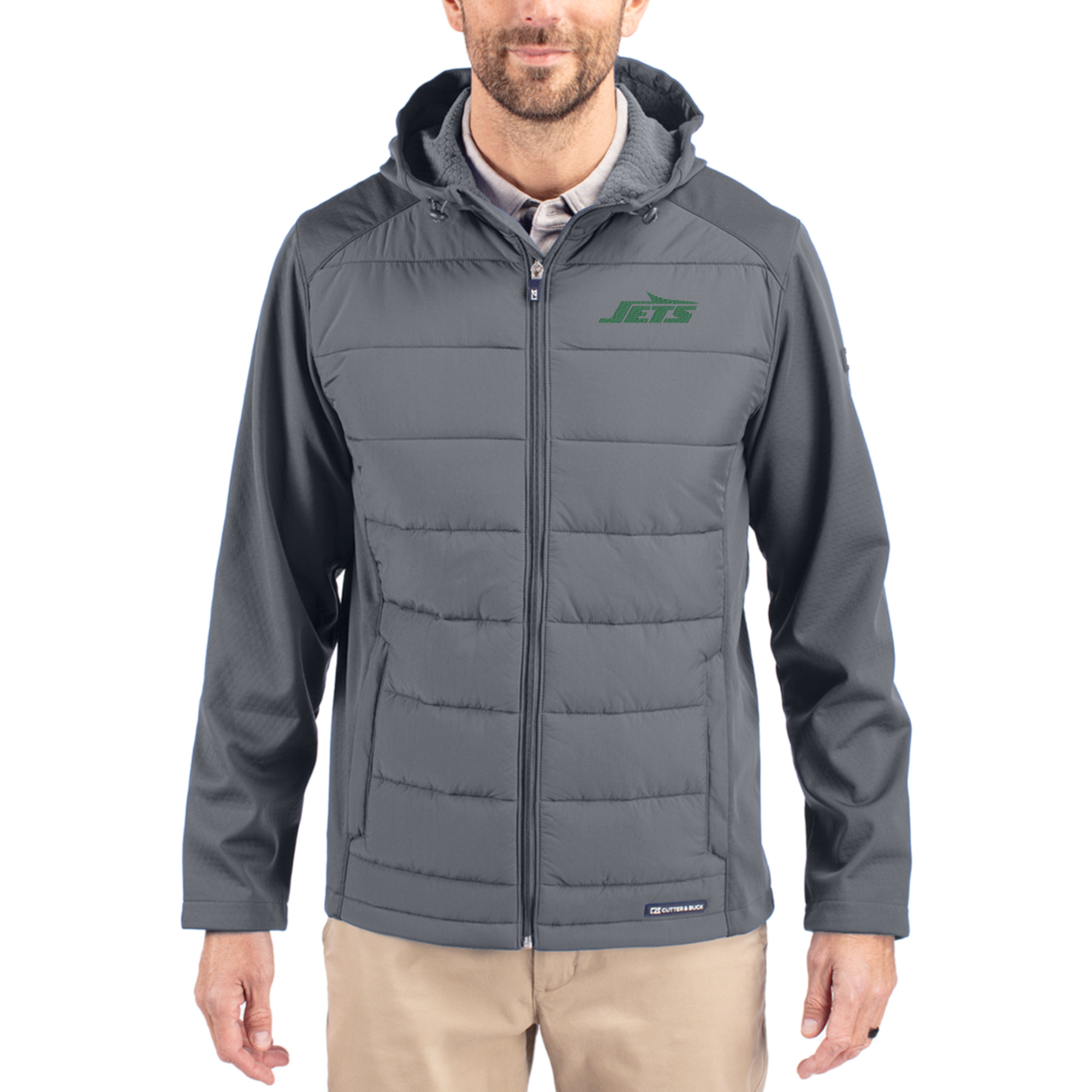 Men's Cutter & Buck Gray New York Jets Primary Logo Evoke Hybrid Eco Softshell Recycled Full-Zip Hooded Jacket