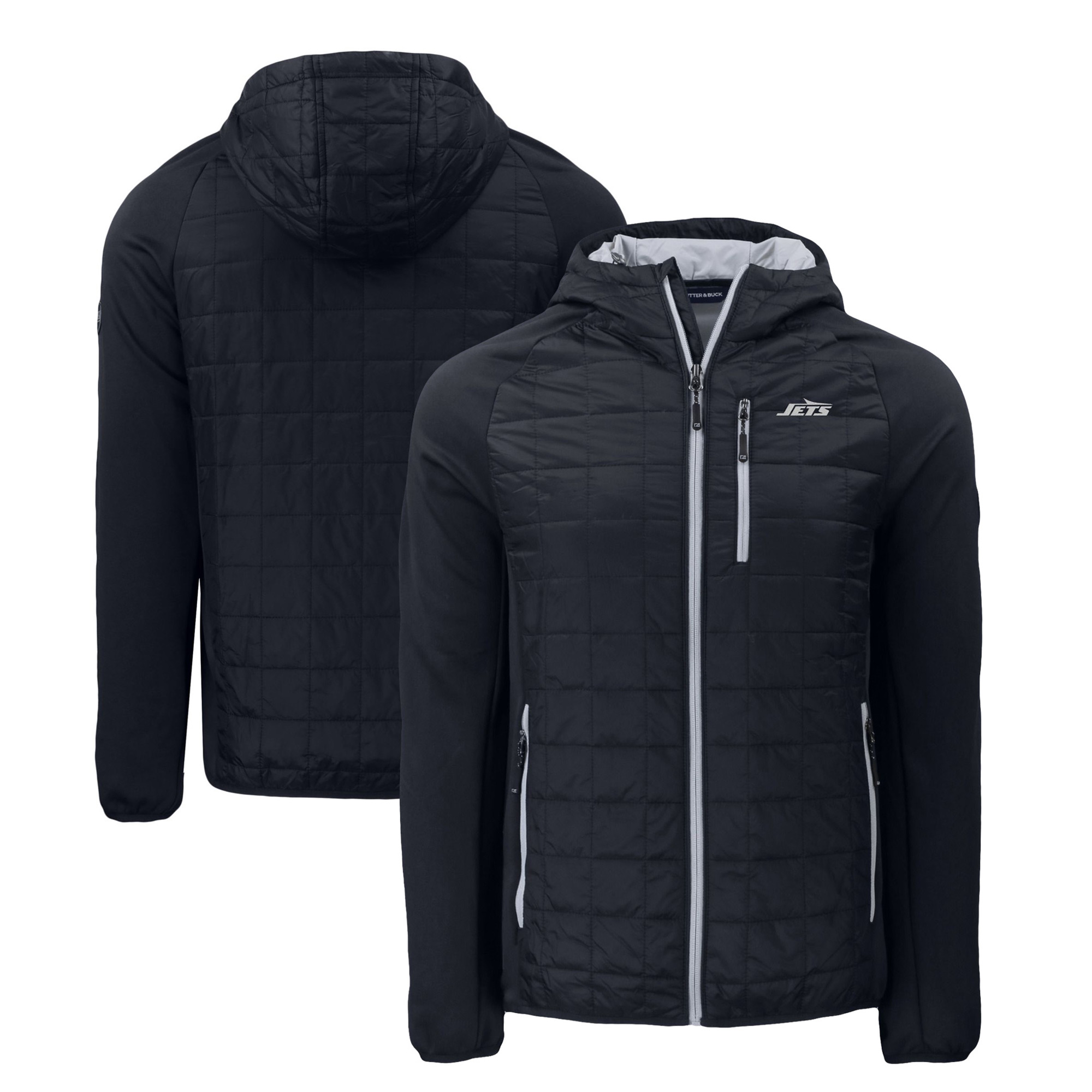 Men's Cutter & Buck Black New York Jets Monochromatic Logo Rainier PrimaLoft Eco Full-Zip Hybrid Jacket