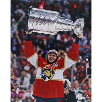 Carter Verhaeghe Florida Panthers Autographed 2024 Stanley Cup Champions 16" x 20" Raising Cup Photograph