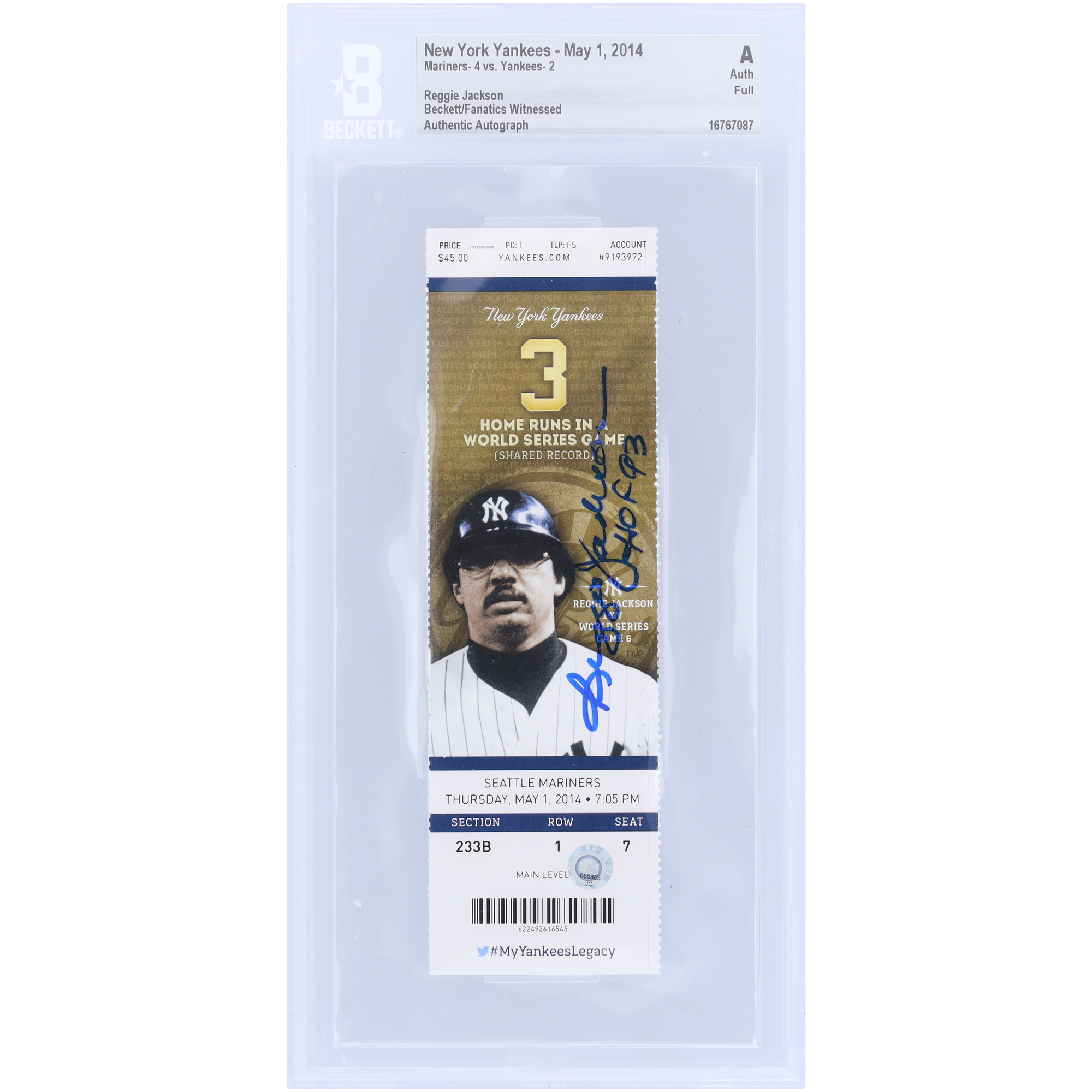 Reggie Jackson New York Yankees Autographed Beckett/Fanatics Witnessed Authenticated Ticket with "HOF 93" Inscription