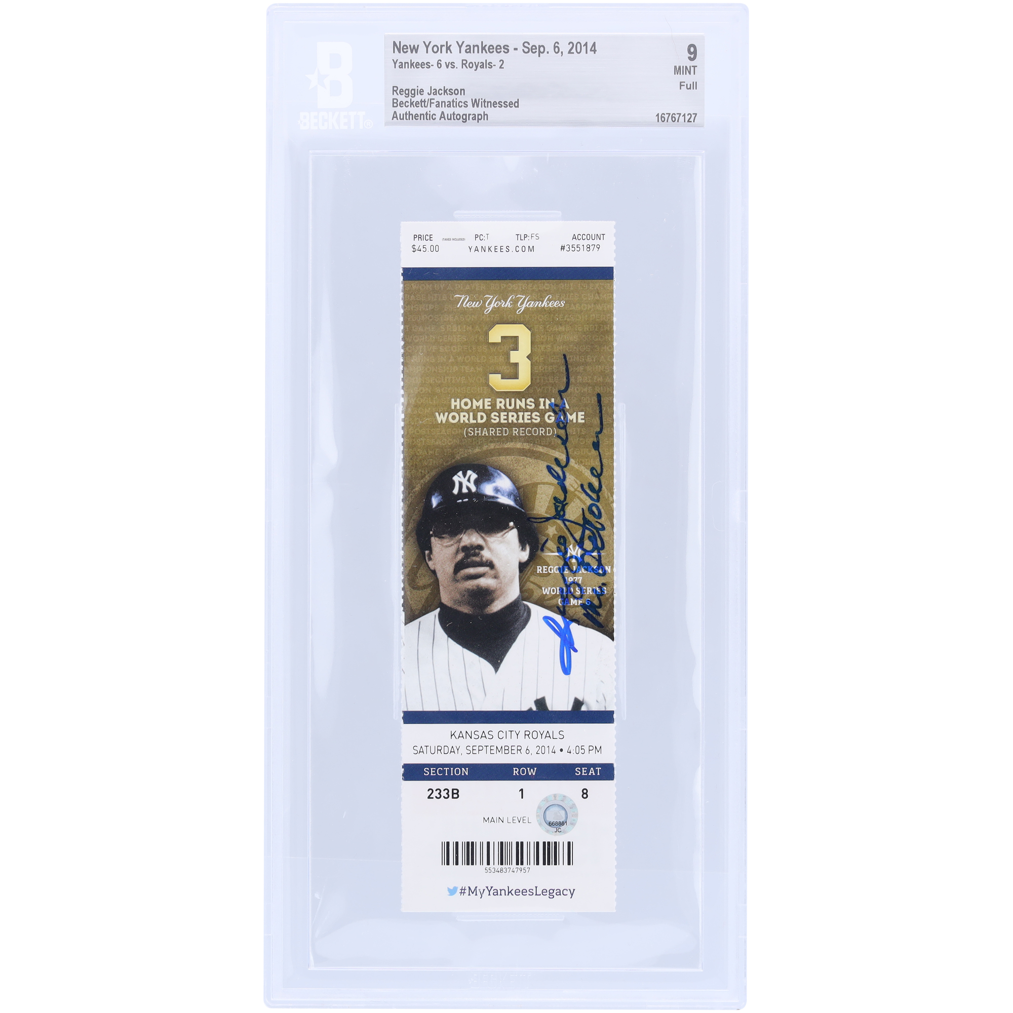 Reggie Jackson New York Yankees Autographed Beckett/Fanatics Witnessed Authenticated 9 Ticket with "Mr. October" Inscription