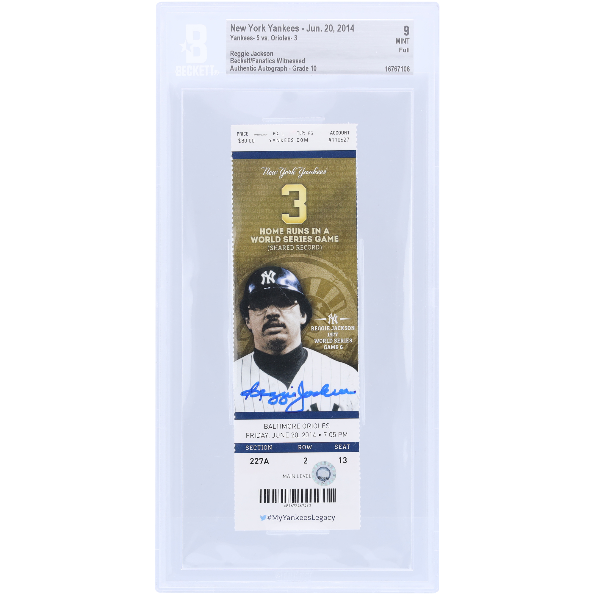 Reggie Jackson New York Yankees Autographed Beckett/Fanatics Witnessed Authenticated 9/10 Ticket