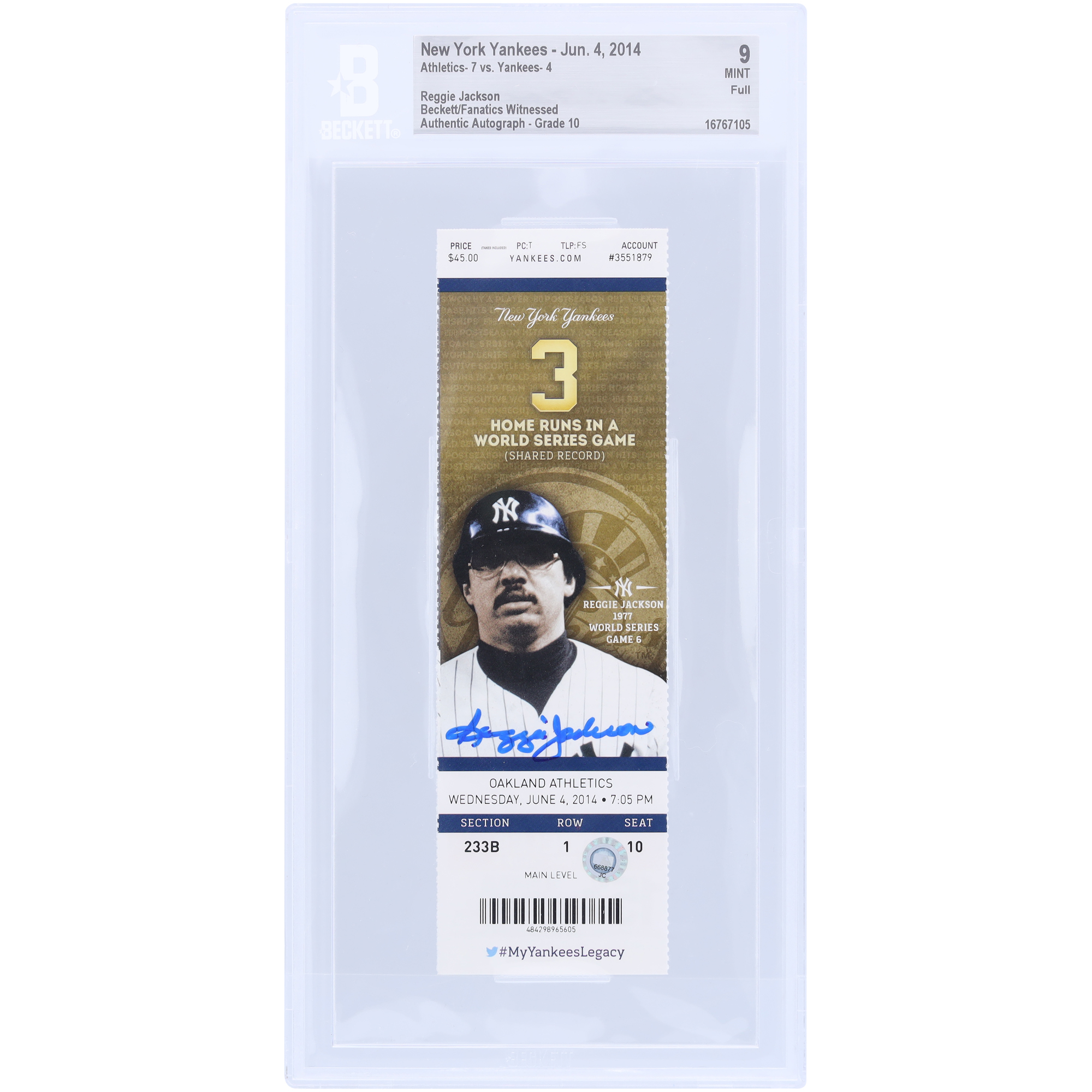 Reggie Jackson New York Yankees Autographed Beckett/Fanatics Witnessed Authenticated 9/10 Ticket