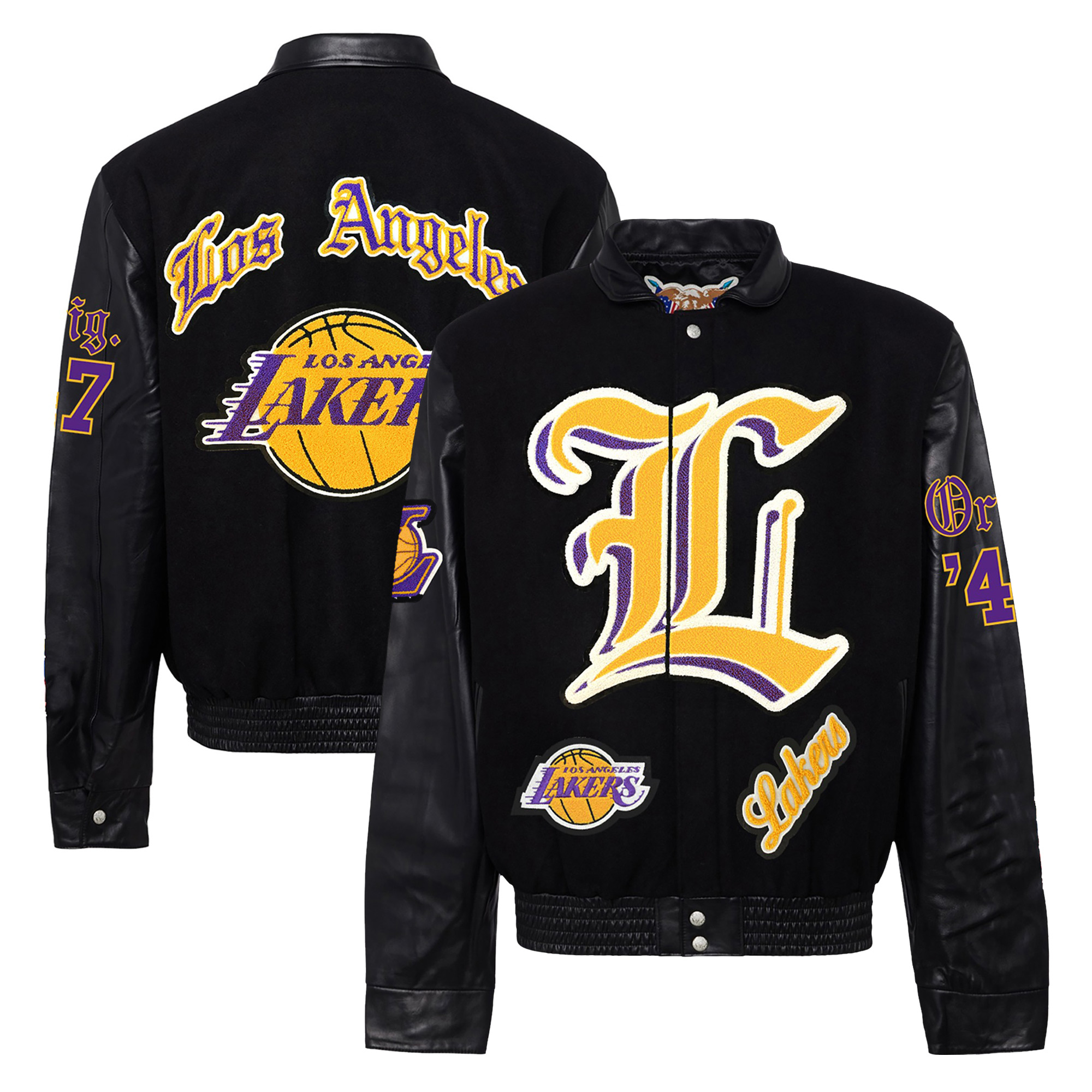Men's Jeff Hamilton Black Los Angeles Lakers Block Letter Old English Wool & Leather Full-Snap Varsity Jacket