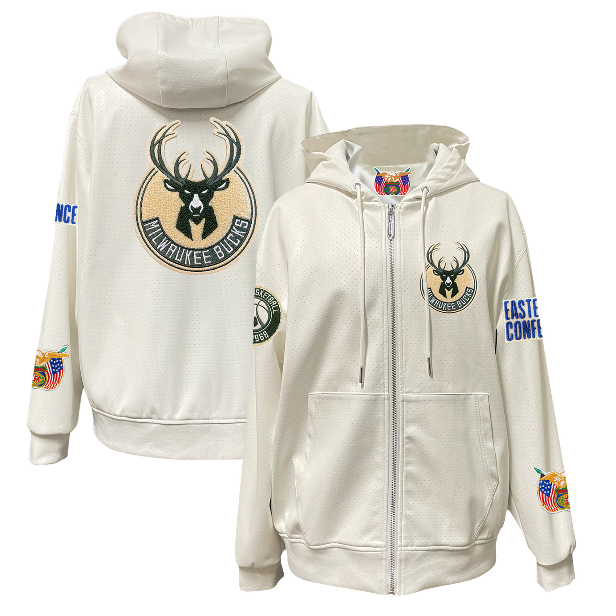 Men's Jeff Hamilton White Milwaukee Bucks Vegan Leather Full-Zip Hoodie