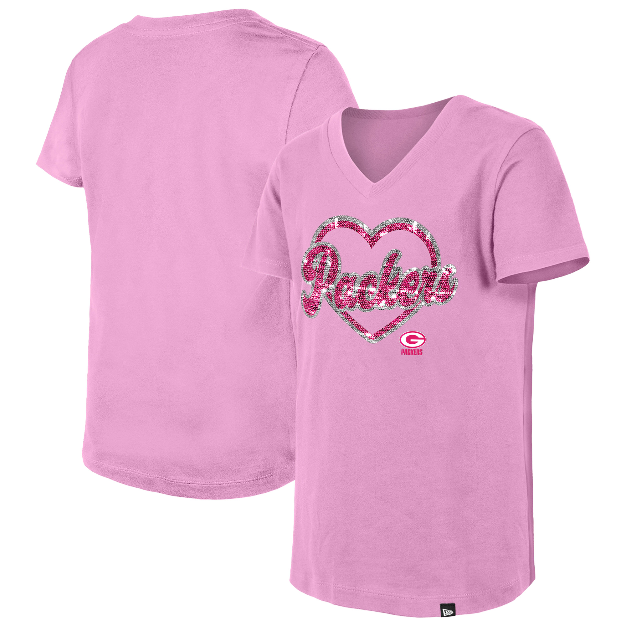 Girls Youth New Era Pink Green Bay Packers Flip Sequins V-Neck T-Shirt