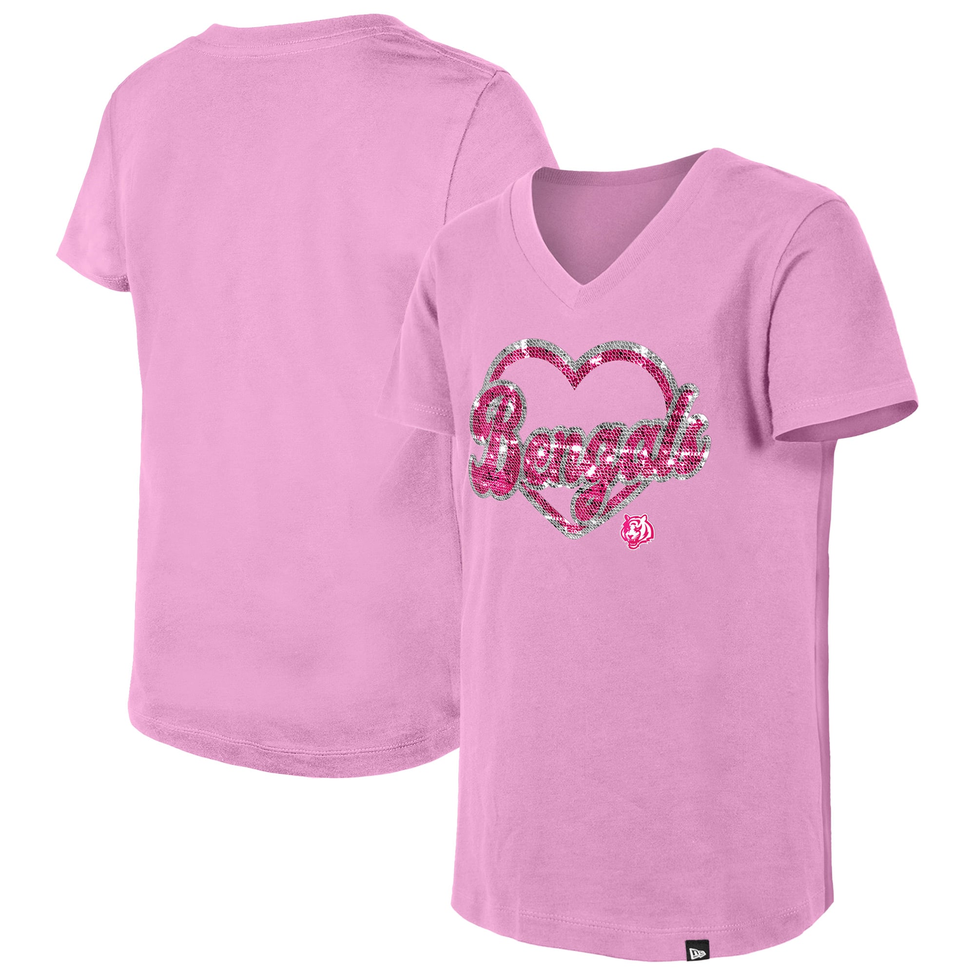 Girls Youth New Era Pink Cincinnati Bengals Flip Sequins V-Neck T-Shirt