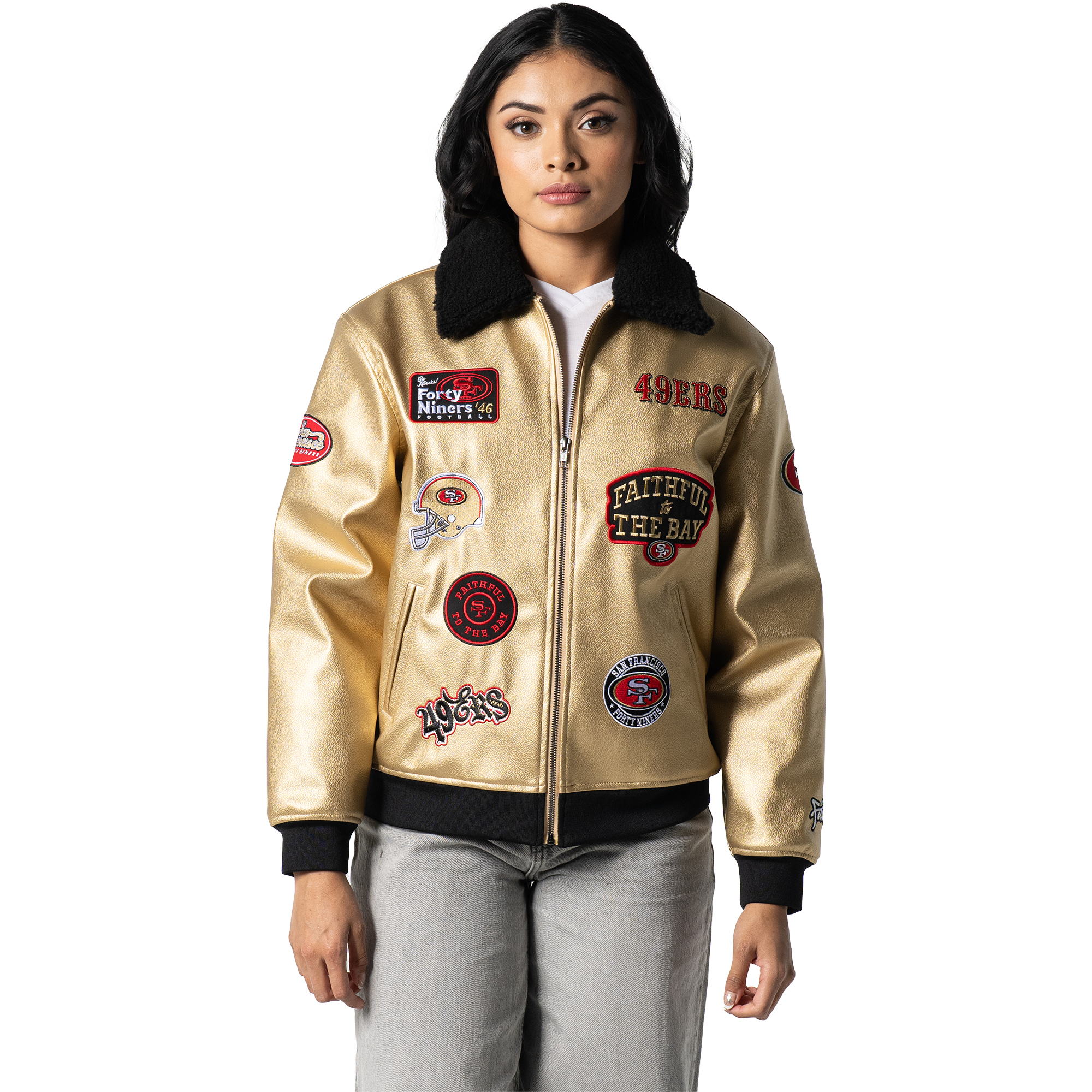 Unisex The Wild Collective Gold San Francisco 49ers Faux Leather Full-Zip Jacket