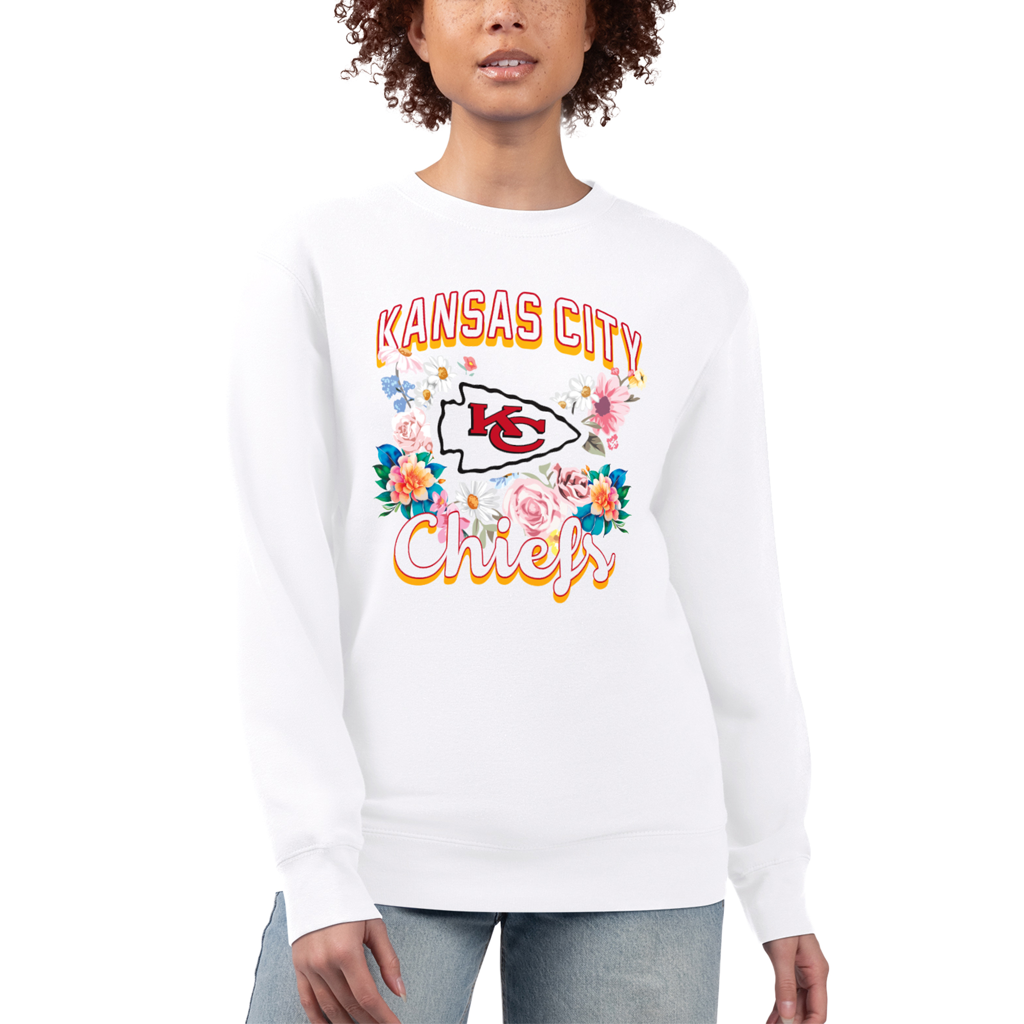 Women's G-III 4Her by Carl Banks White Kansas City Chiefs Flower Logo Graphic Fleece Pullover Sweatshirt