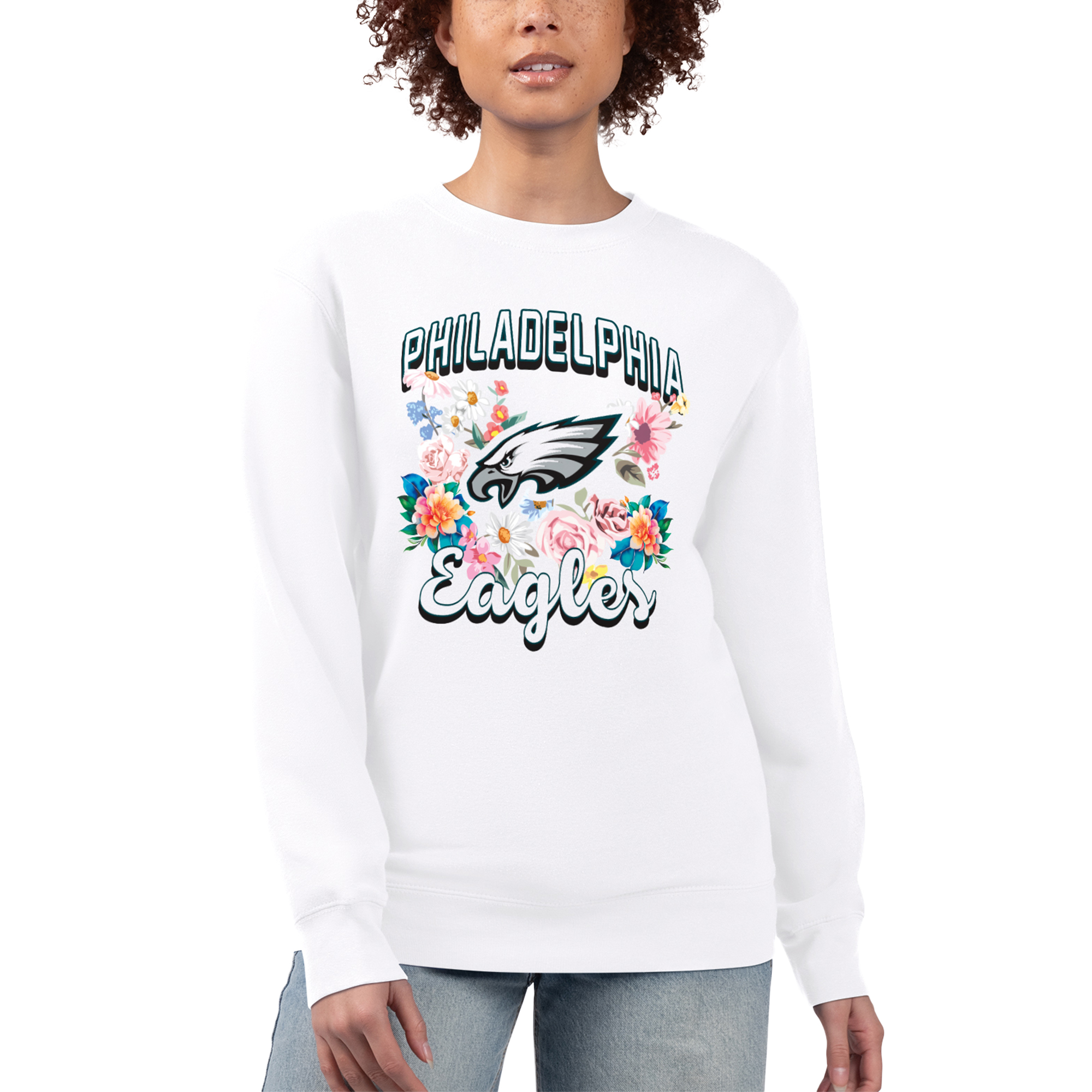 Women's G-III 4Her by Carl Banks White Philadelphia Eagles Flower Logo Graphic Fleece Pullover Sweatshirt