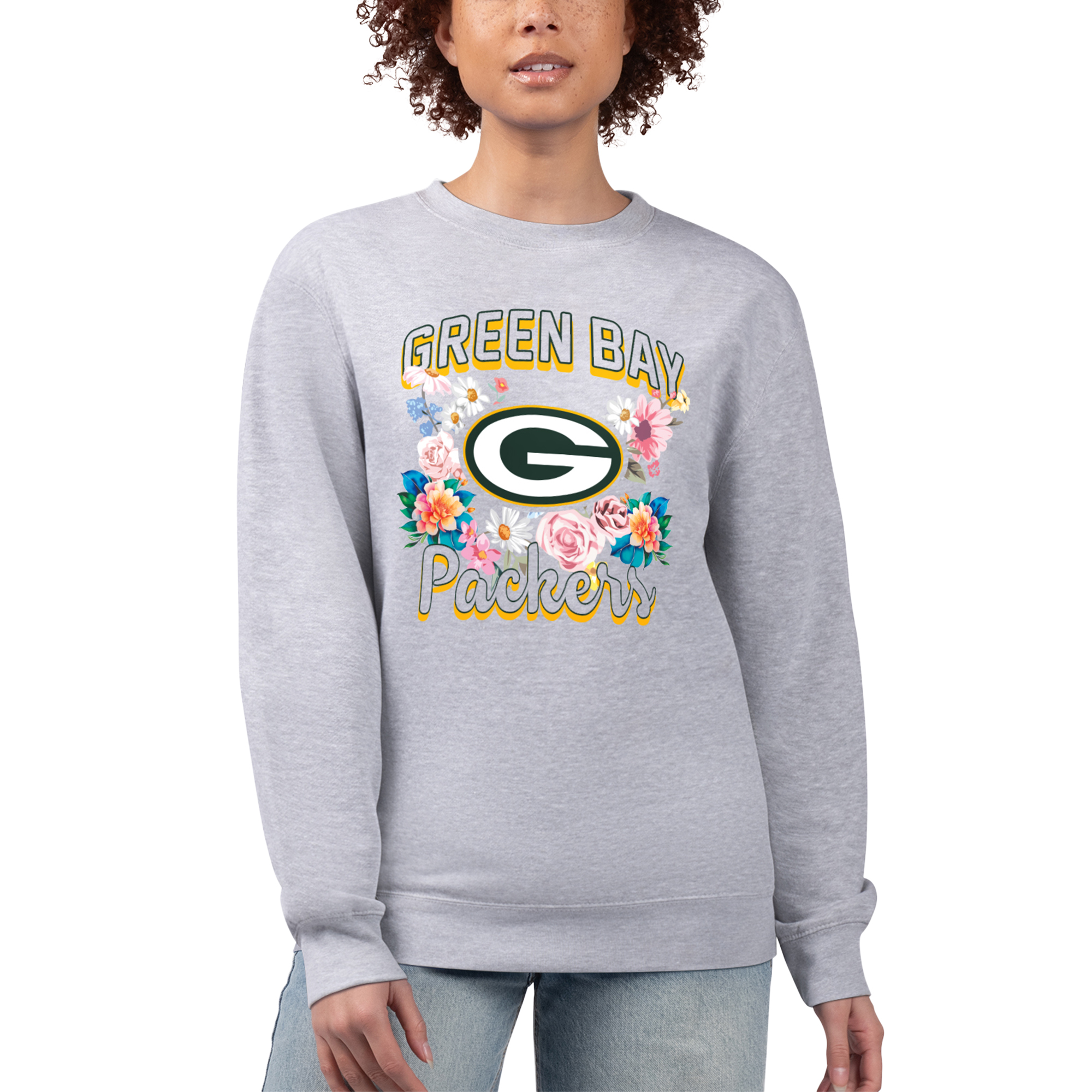Women's G-III 4Her by Carl Banks Heather Gray Green Bay Packers Flower Logo Graphic Fleece Pullover Sweatshirt