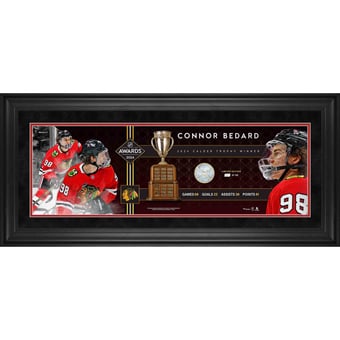 Connor Bedard Chicago Blackhawks Framed 2024 Calder Memorial Trophy Winner 10" x 30" Panoramic with a Piece of Game-Used Net from NHL Debut Game - Limited Edition of 198