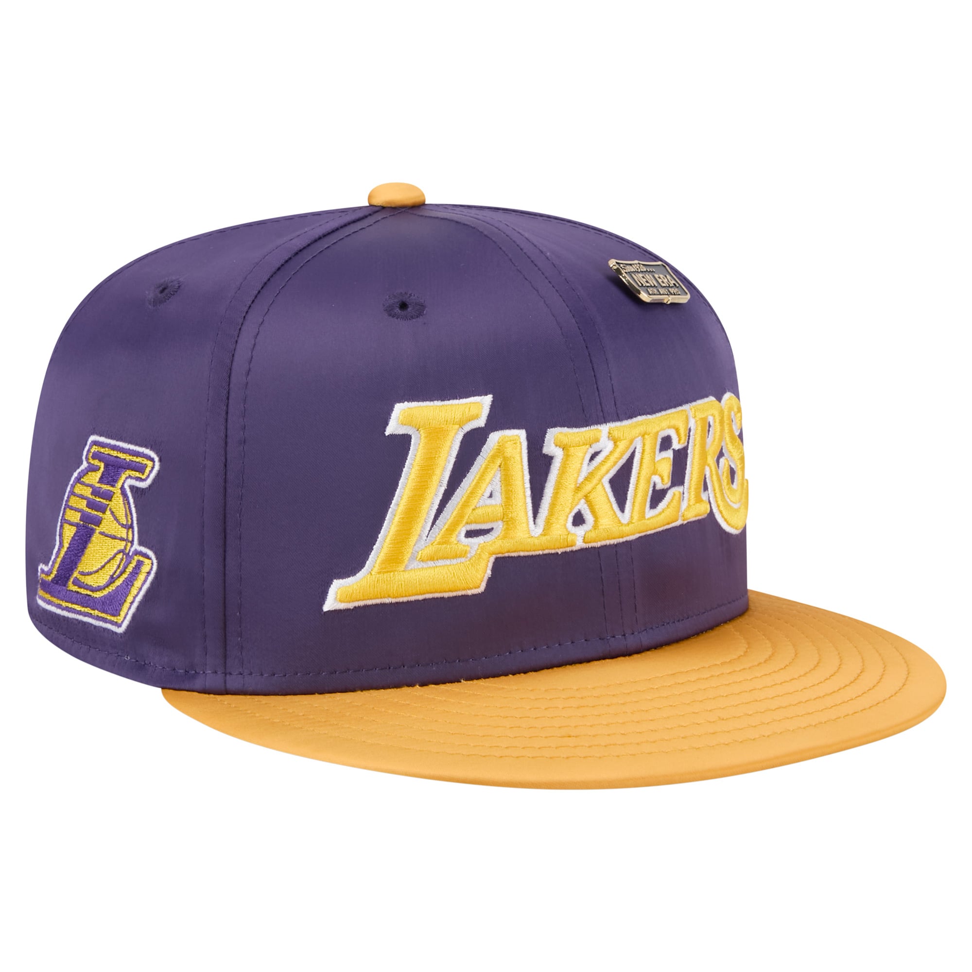 Men's New Era  Purple/Gold Los Angeles Lakers Throwback Satin Vintage Pin Two-Tone 59FIFTY Fitted Hat
