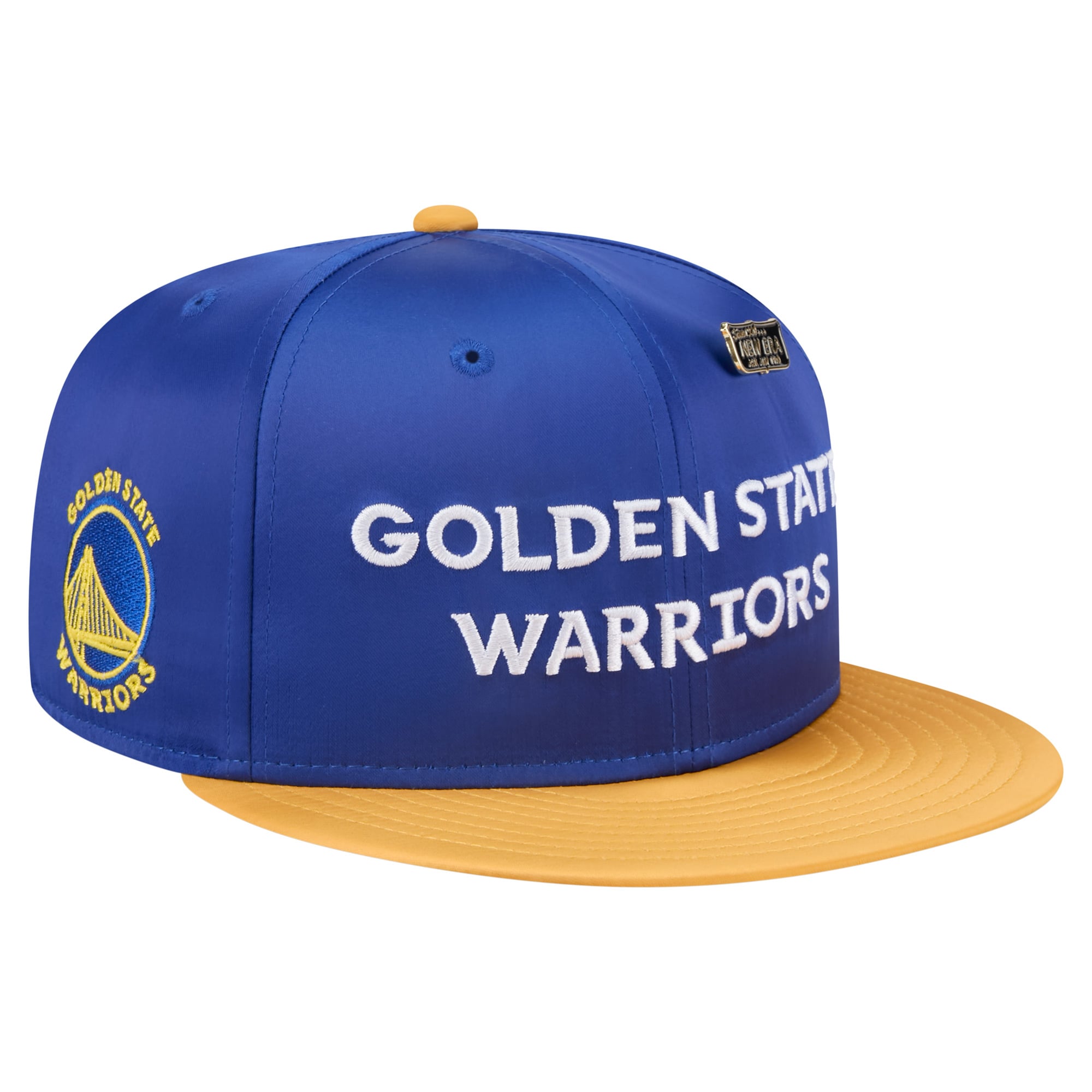 Men's New Era Royal/Gold Golden State Warriors Throwback Satin Vintage Pin Two-Tone 59FIFTY Fitted Hat