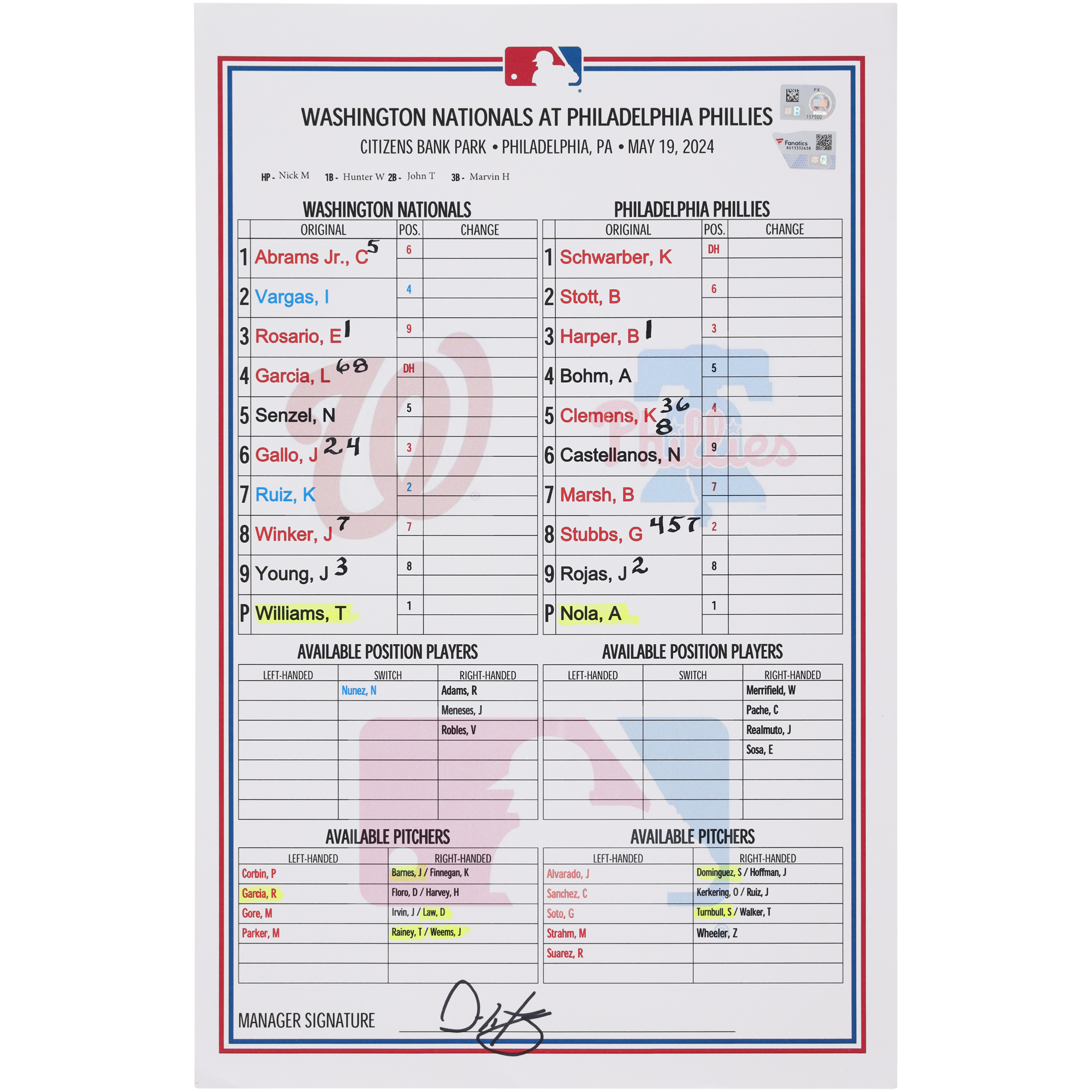 Washington Nationals Game-Used Lineup Card vs. Philadelphia Phillies on May 19, 2024