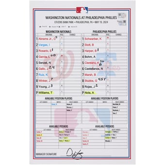Washington Nationals Game-Used Lineup Card vs. Philadelphia Phillies on May 19, 2024