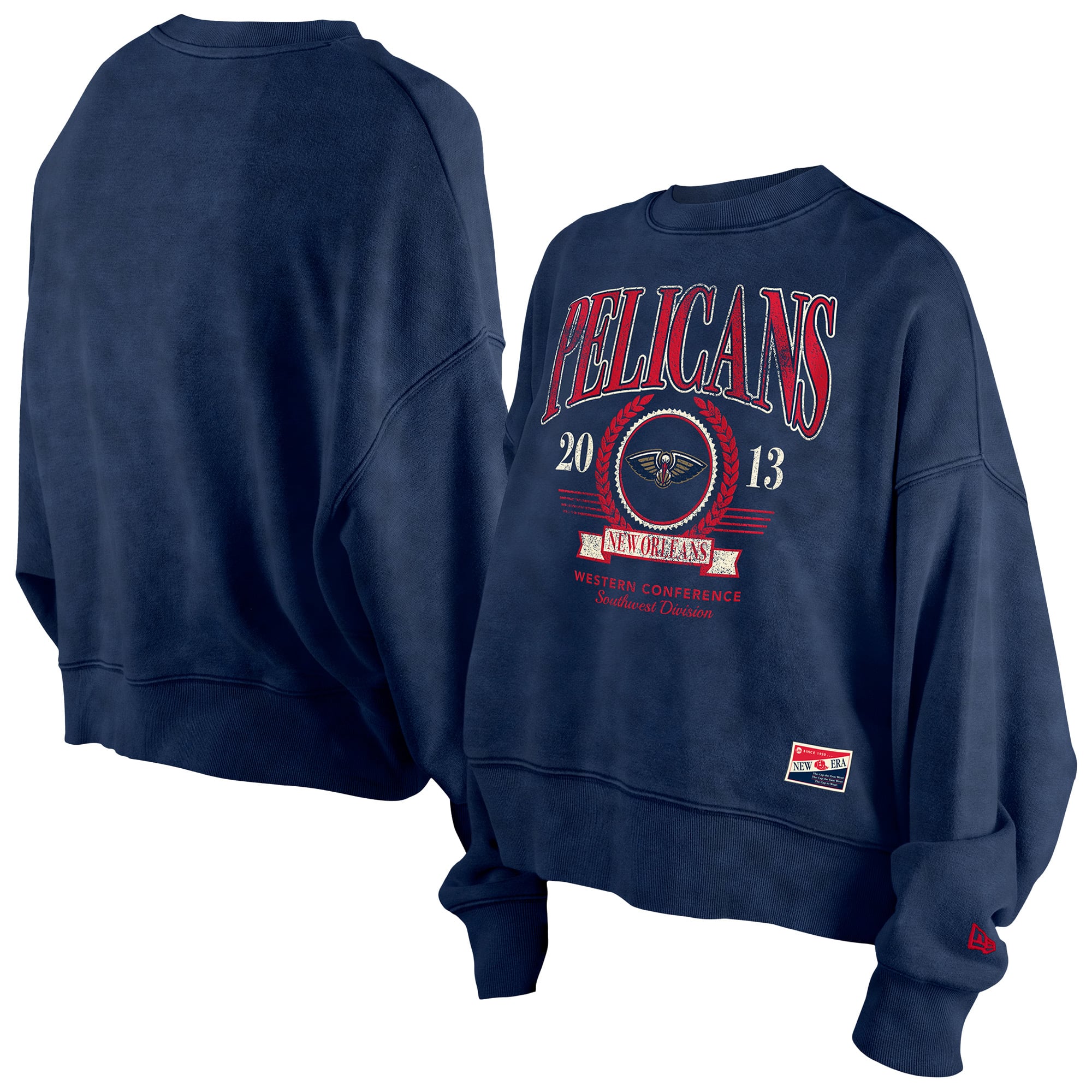 Women's New Era Navy New Orleans Pelicans Throwback Vintage Enzyme Wash Oversized Boxy Pullover Sweatshirt