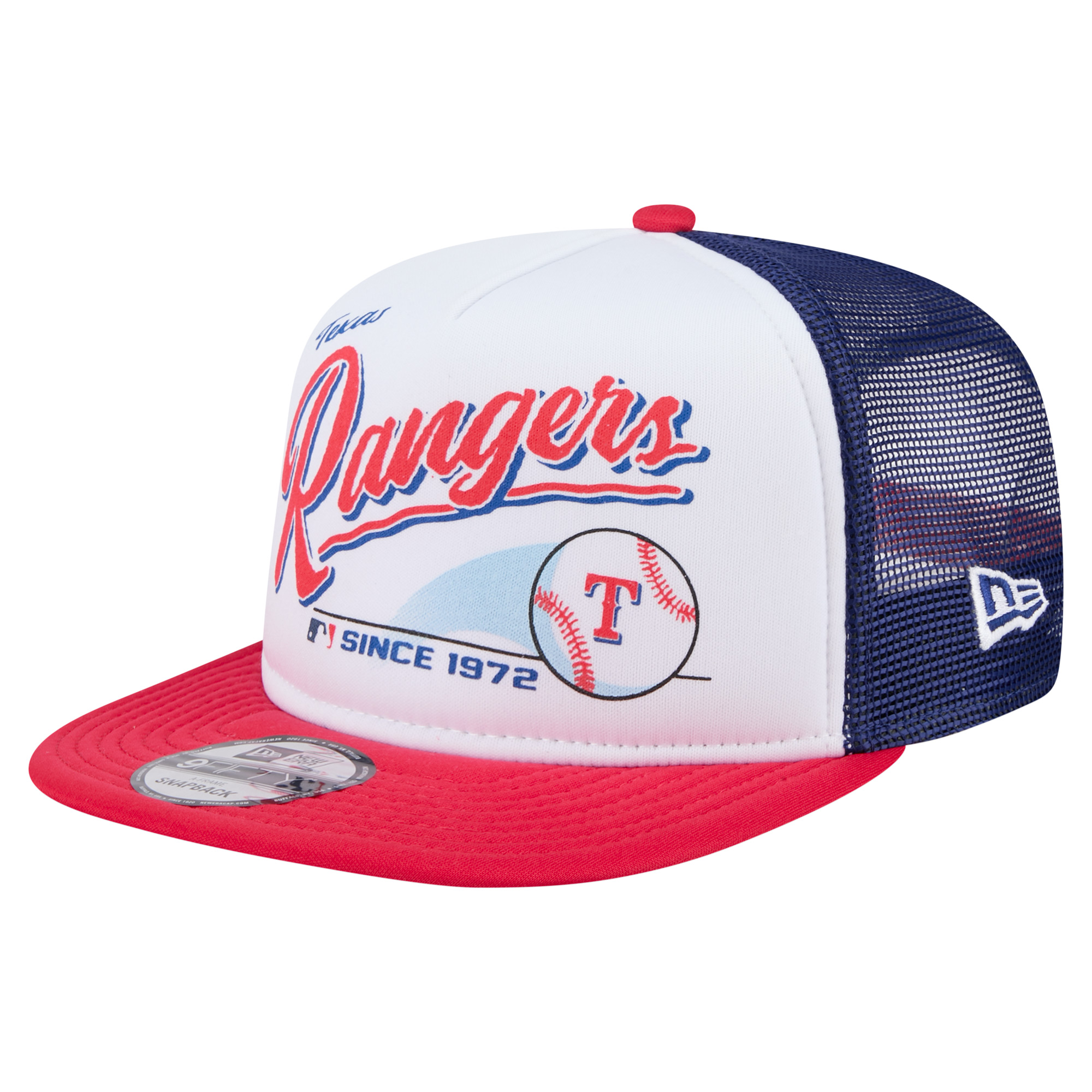 Men's New Era White/Red Texas Rangers Retro Script Trucker 9FIFTY Snapback Hat