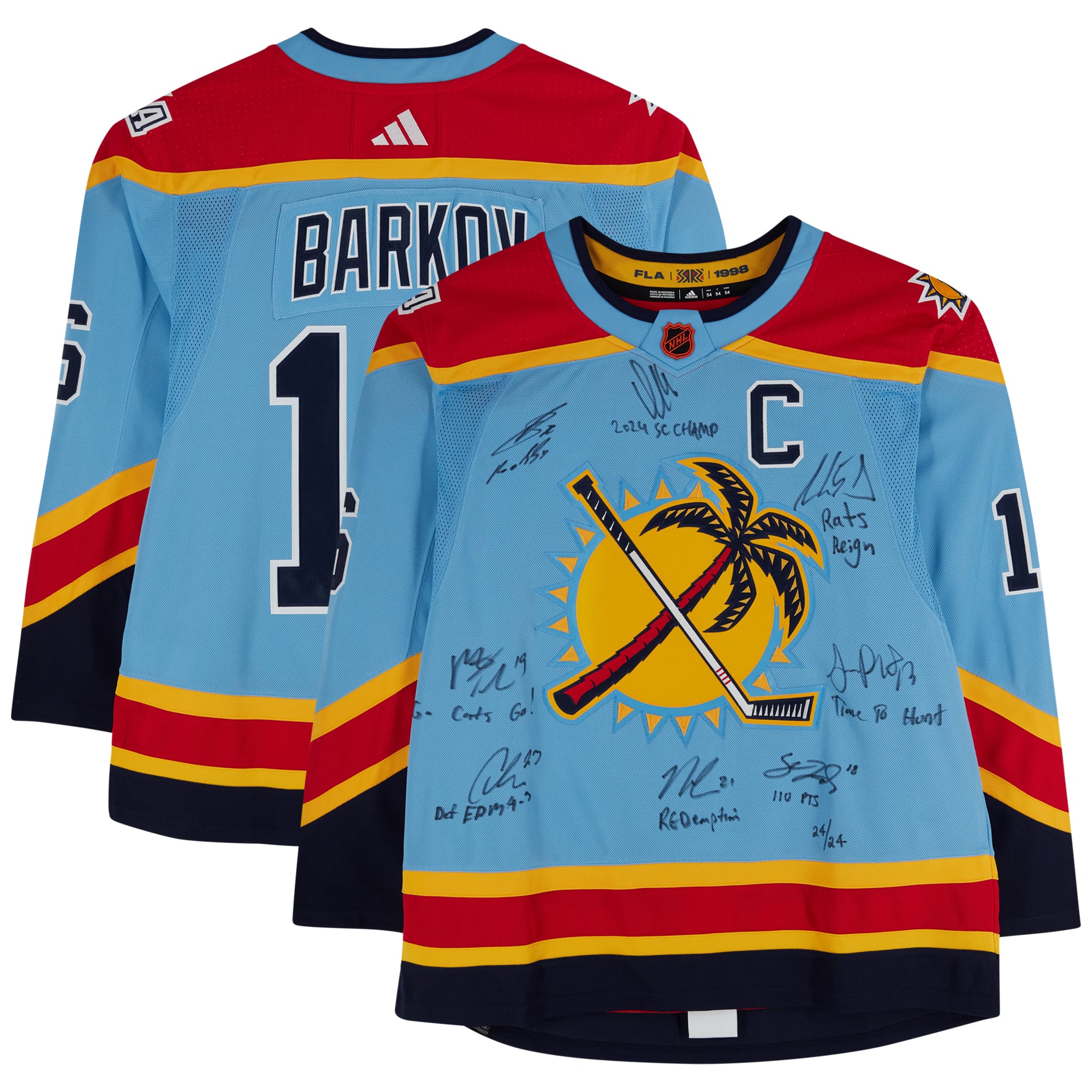 Florida Panthers 2024 Stanley Cup Champions Autographed 2022-23 Reverse Retro Light Blue adidas Authentic Jersey with Multiple Signatures and Inscriptions - Limited Edition #24/24