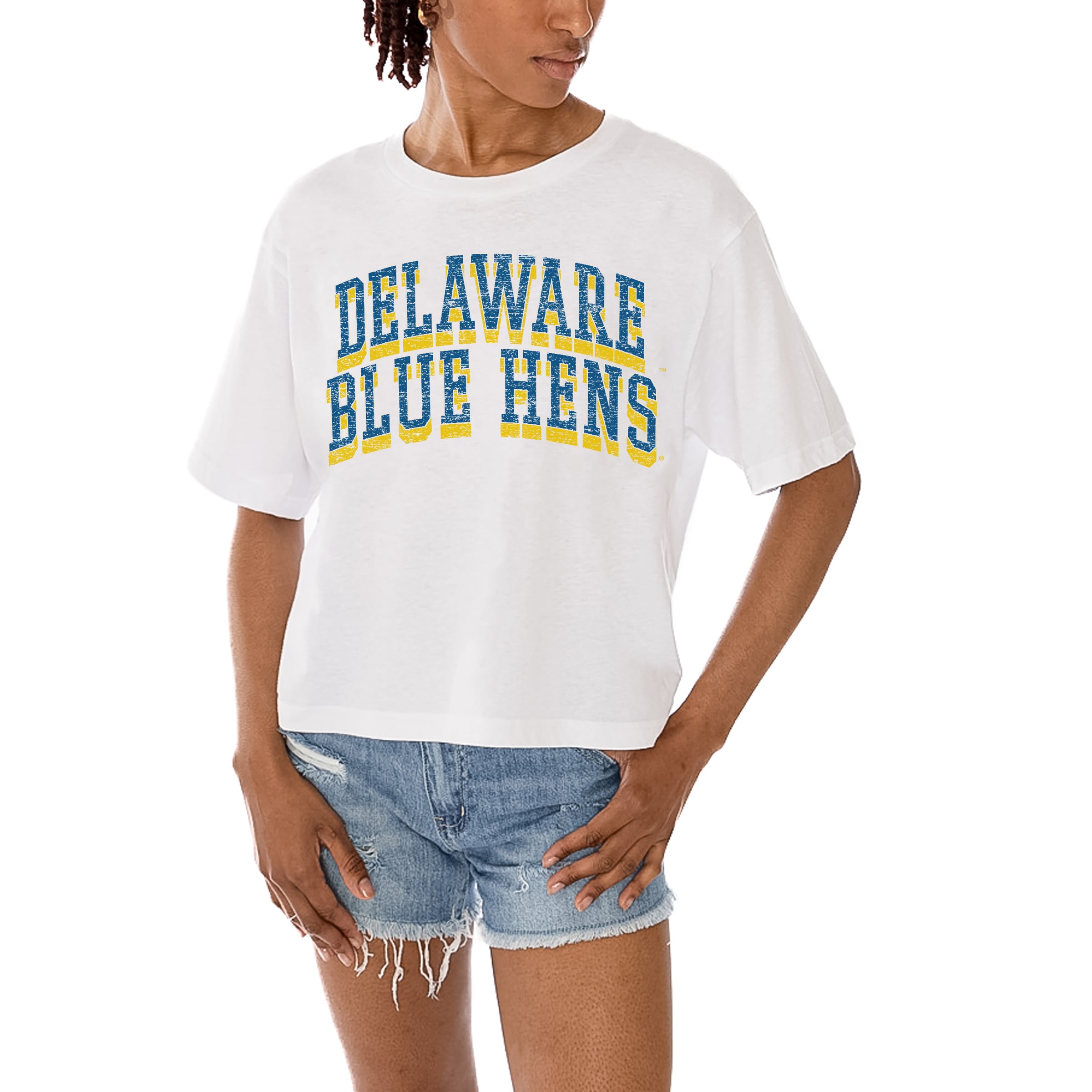 Women's Gameday Couture White Delaware Fightin' Blue Hens Claim To Fame Boxy Cropped T-Shirt