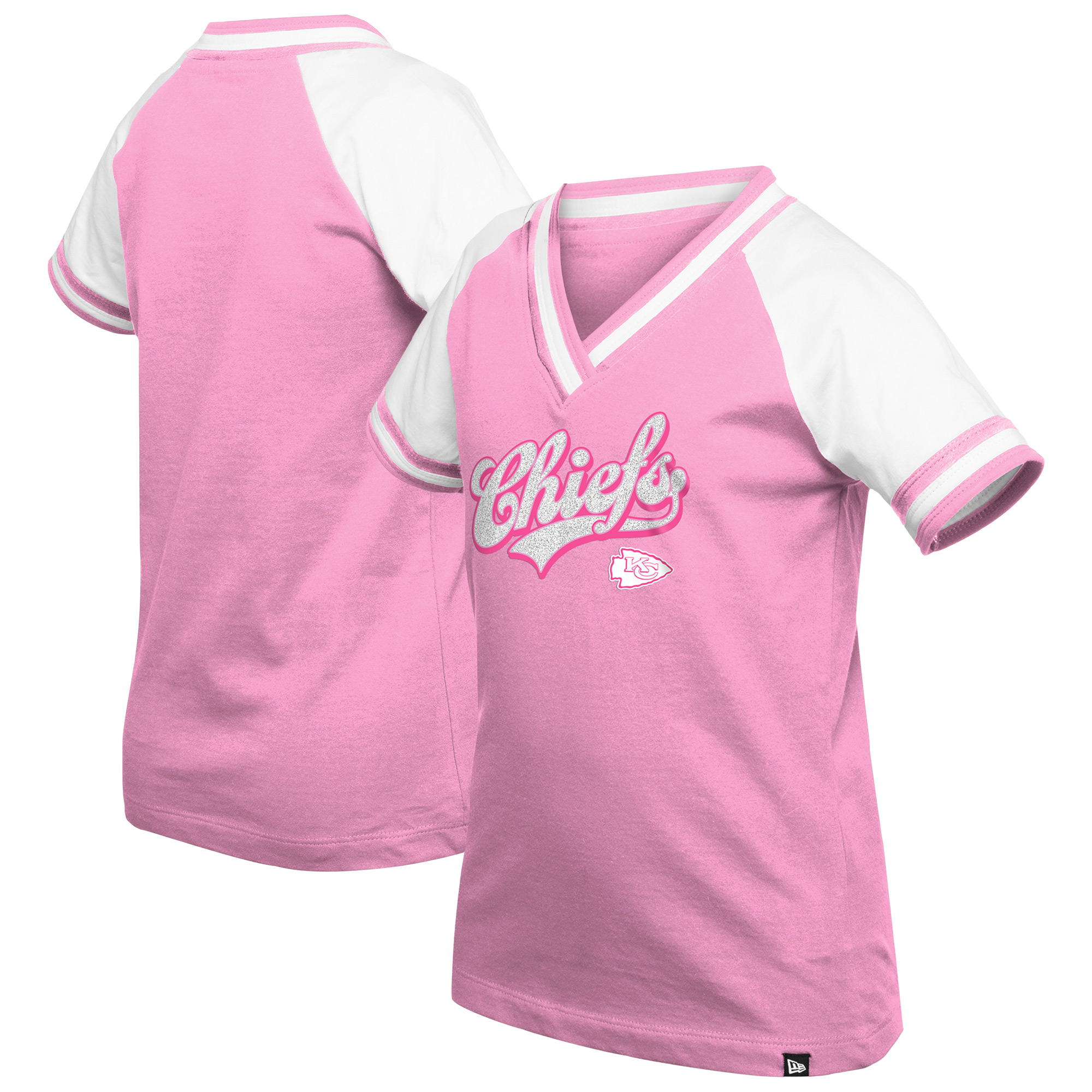 Girl's Youth New Era Pink Kansas City Chiefs Mommy & Me Multiplier Raglan V-Neck T-Shirt