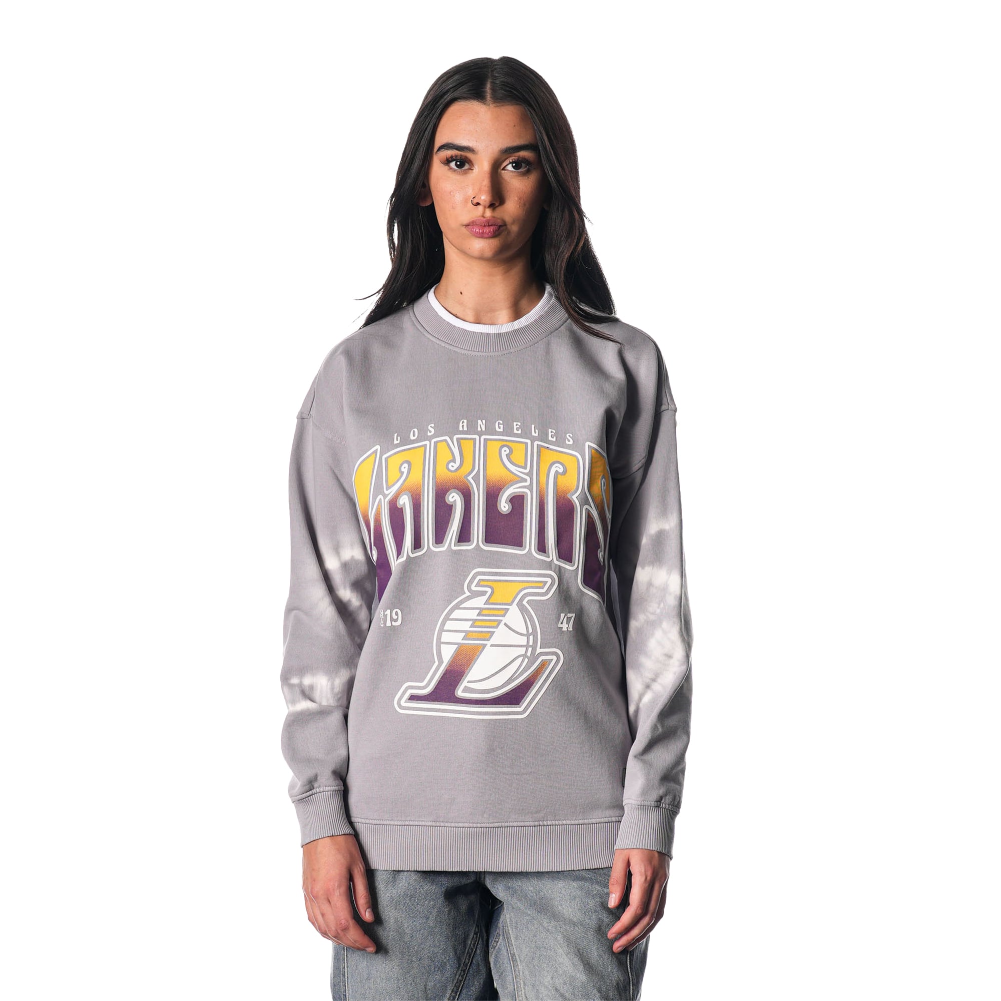 Women's The Wild Collective Heather Gray Los Angeles Lakers Bleached Tie-Dye Pullover Sweatshirt