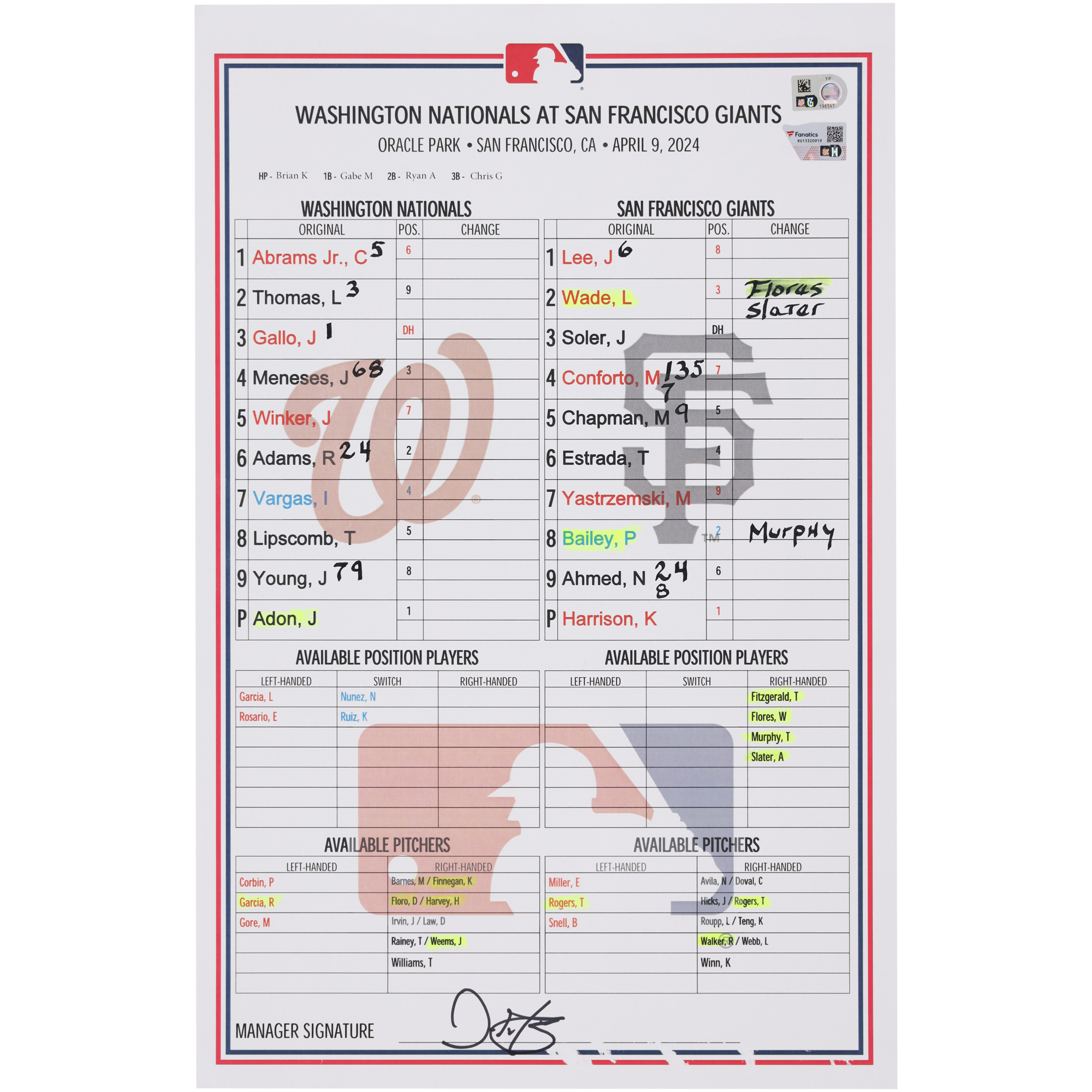 Washington Nationals Game-Used Lineup Card vs. San Francisco Giants on April 9, 2024