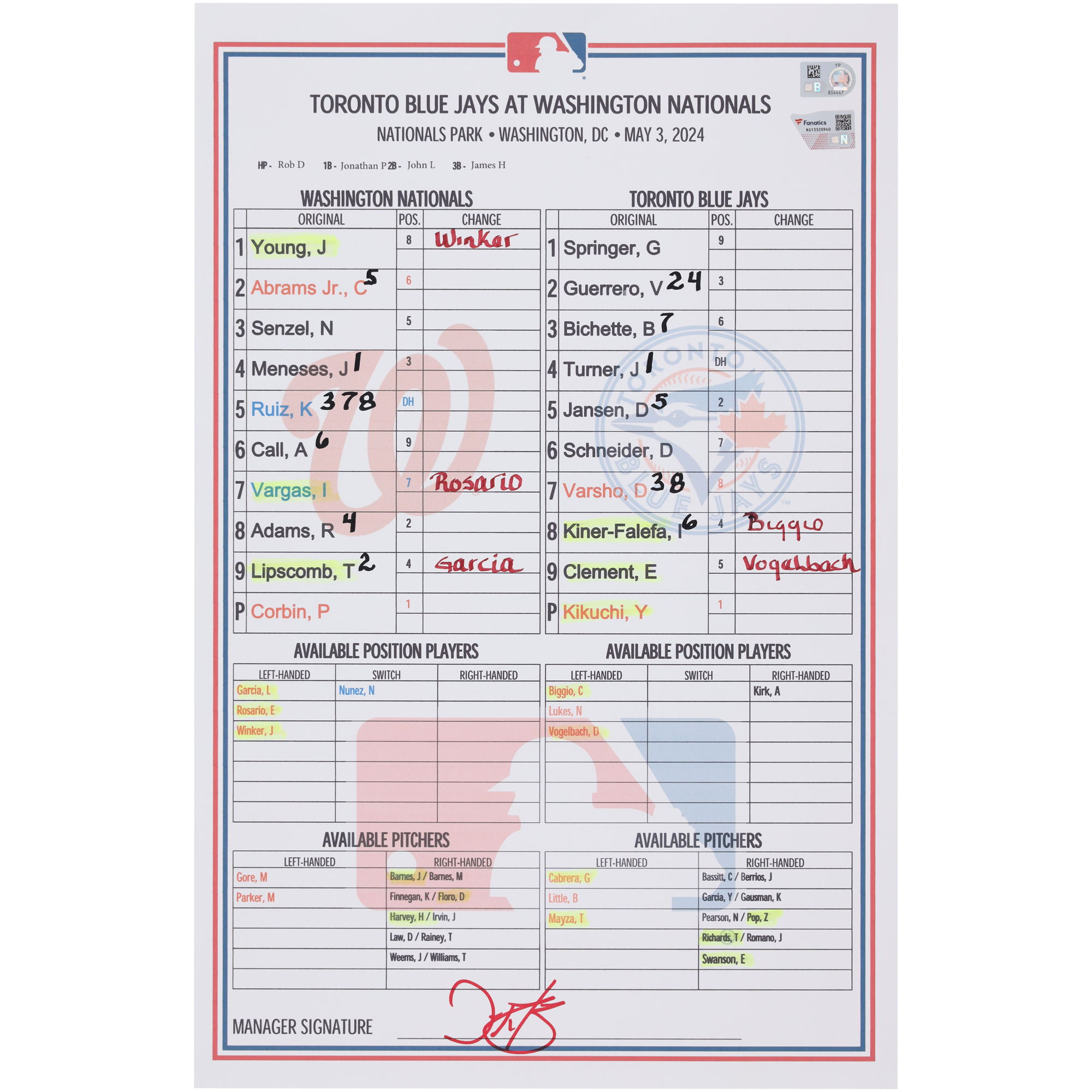 Washington Nationals Game-Used Lineup Card vs. Toronto Blue Jays on May 3, 2024