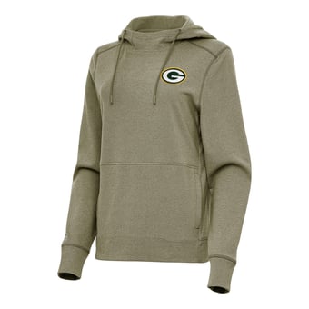 Women's Antigua Heather Olive Green Bay Packers Justice Pullover Hoodie