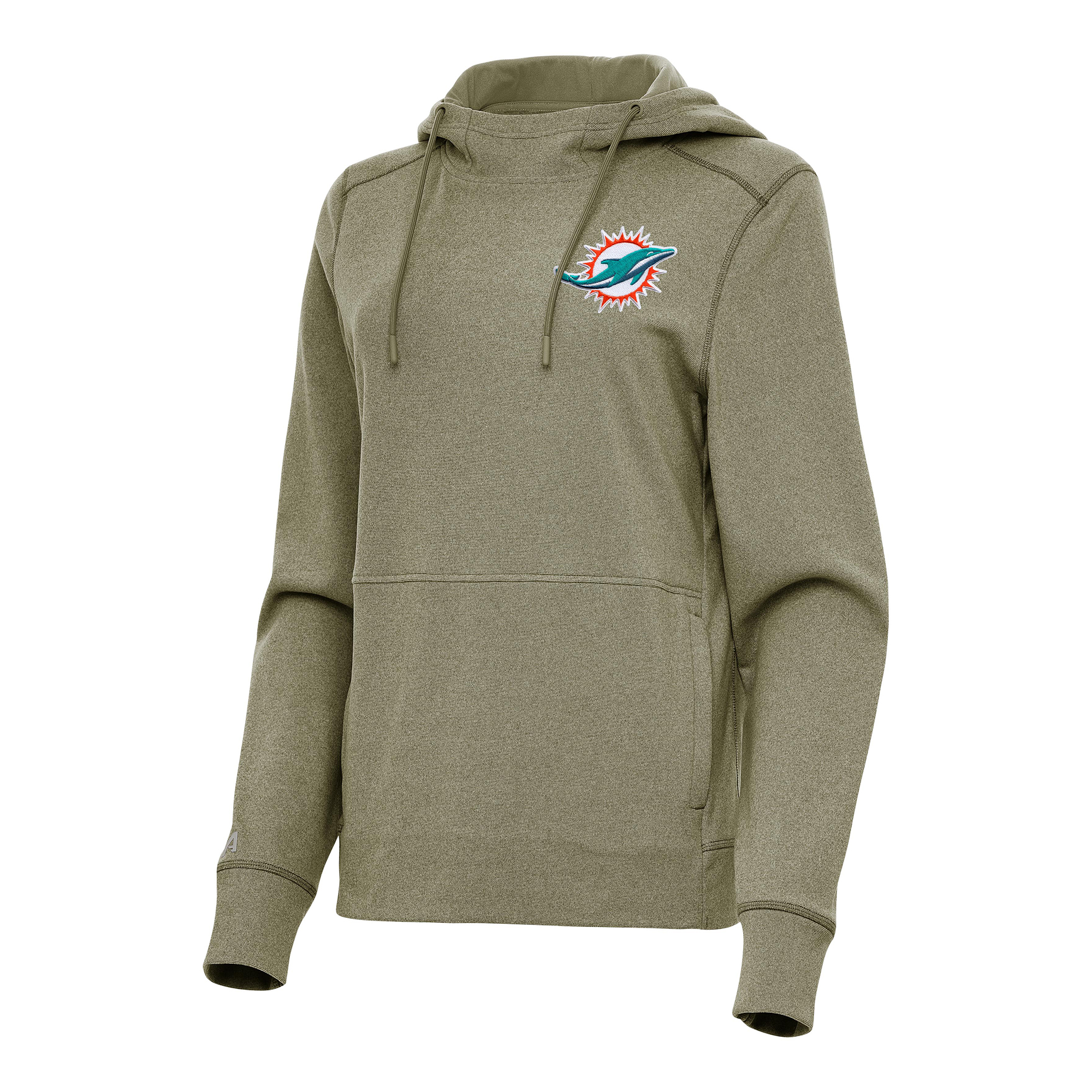 Women's Antigua Heather Olive Miami Dolphins Justice Pullover Hoodie
