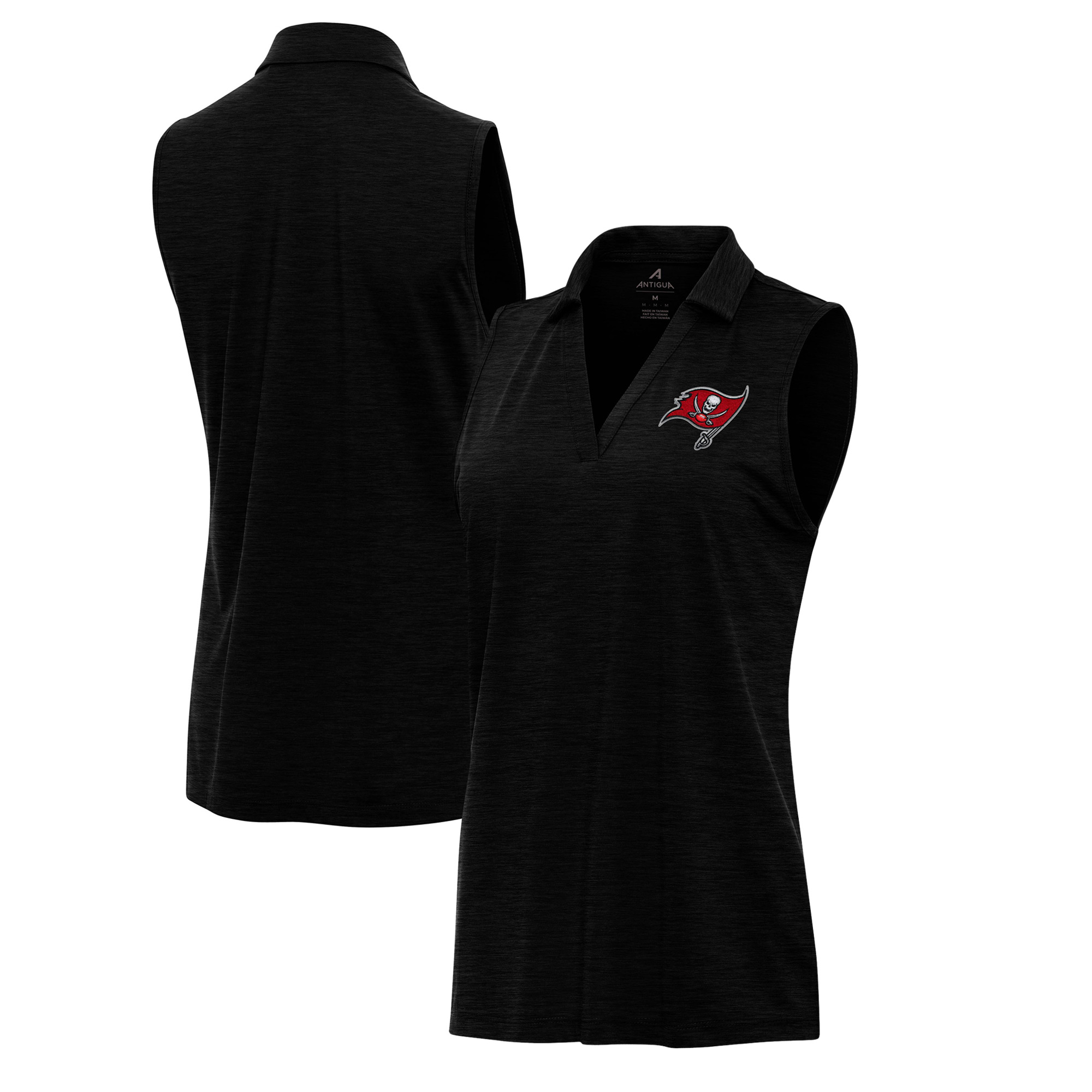 Women's Antigua Heather Black Tampa Bay Buccaneers Layout Sleeveless V-Neck Polo