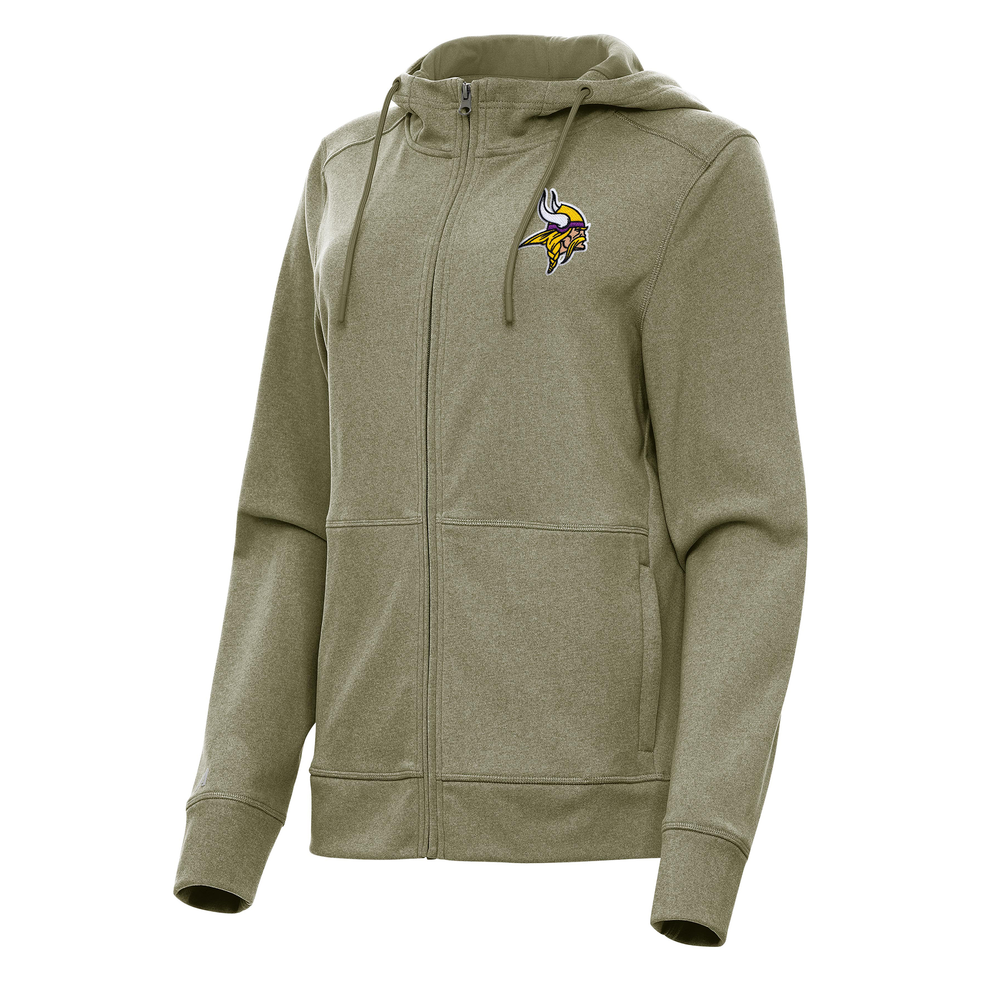 Women's Antigua Heather Olive Minnesota Vikings Seeker Full-Zip Hoodie Jacket