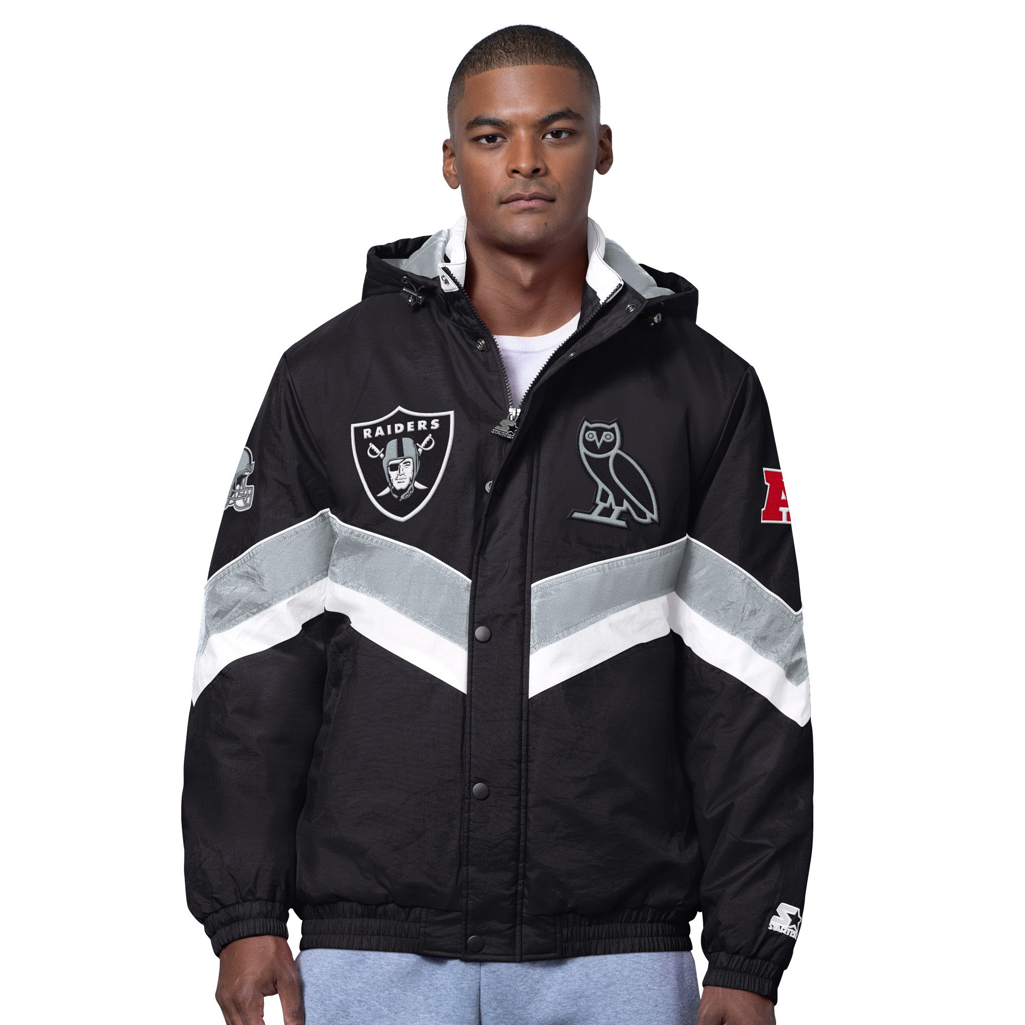 Men's OVO x Starter Black Las Vegas Raiders Sideline Full-Snap Puffer Jacket