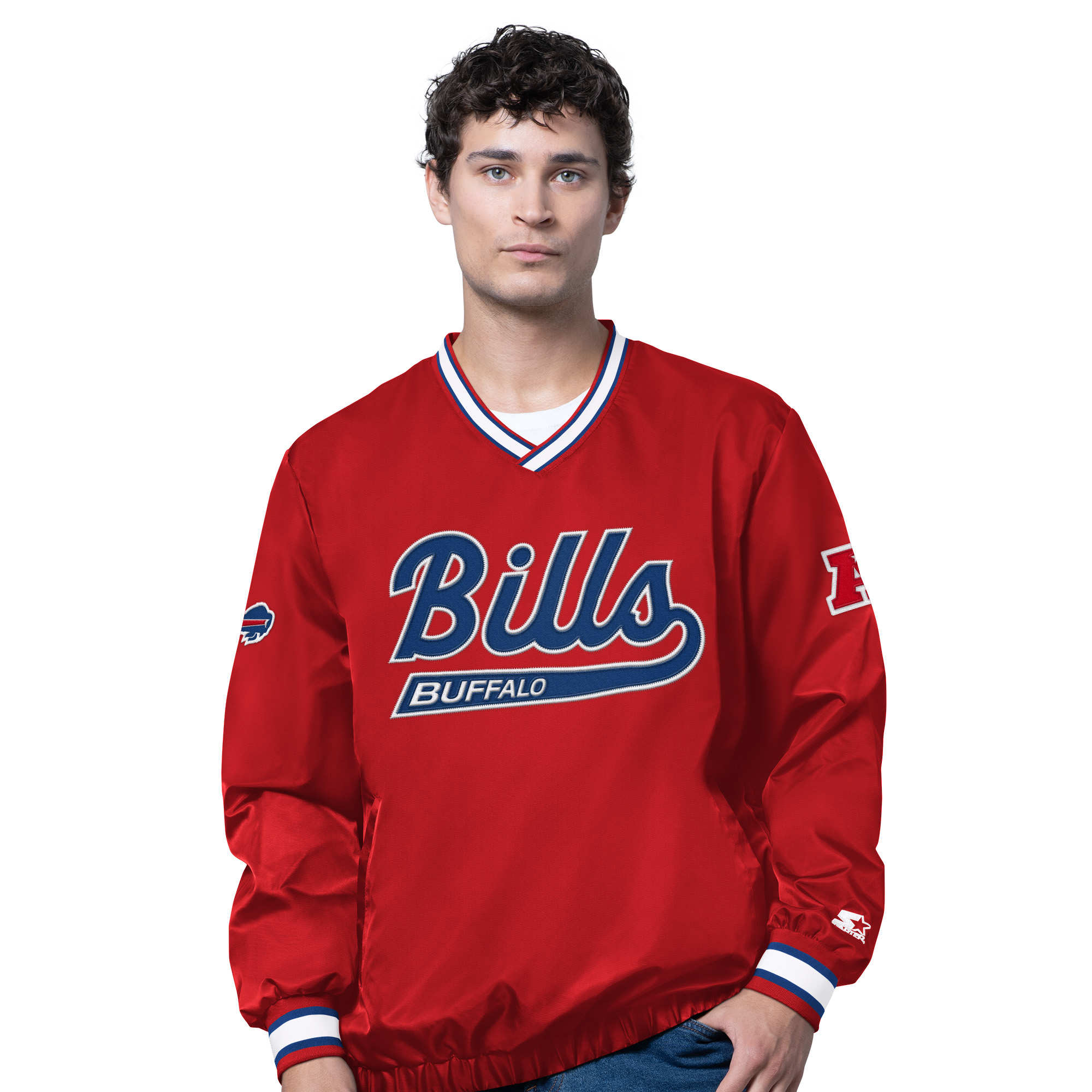 Men's OVO x Starter Red Buffalo Bills Trainer V-Neck Pullover Jacket