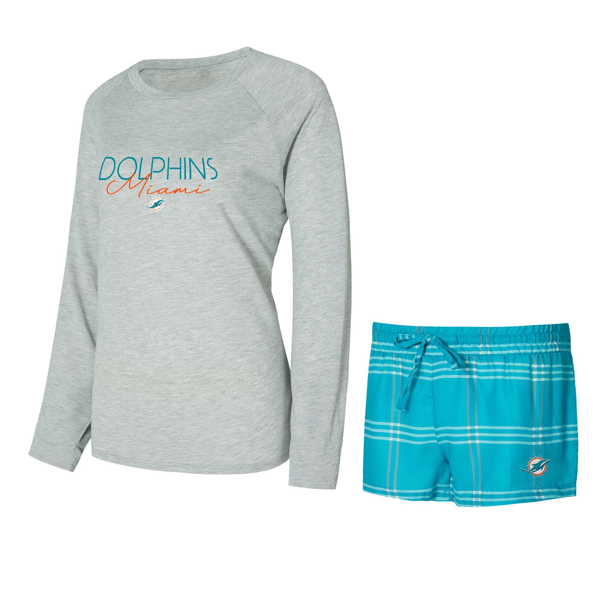 Women’s Concepts Sport Aqua/Gray Miami Dolphins Petition Raglan Long Sleeve Top and Shorts Set Women’s Concepts Sport Aqua/Gray Miami Dolphins Petition Raglan Long Sleeve Top and Shorts Set