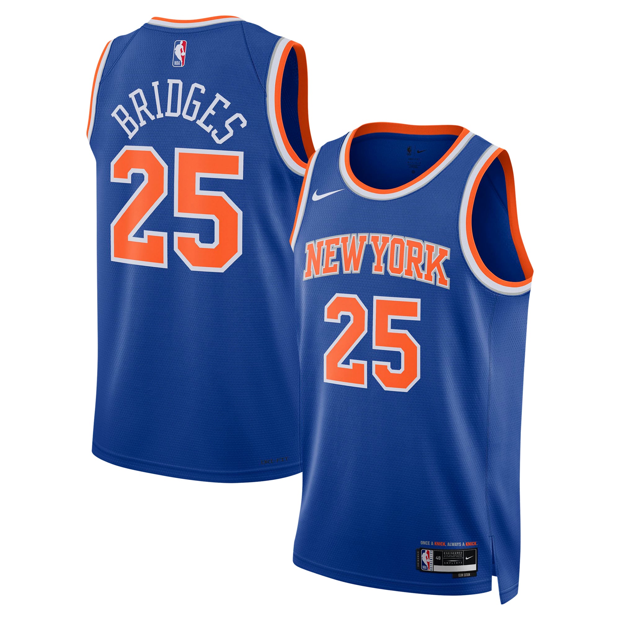 Nike Men's and Women's Mikal Bridges Blue New York Knicks 2024 Offseason Addition Nike Swingman Jersey - Blue