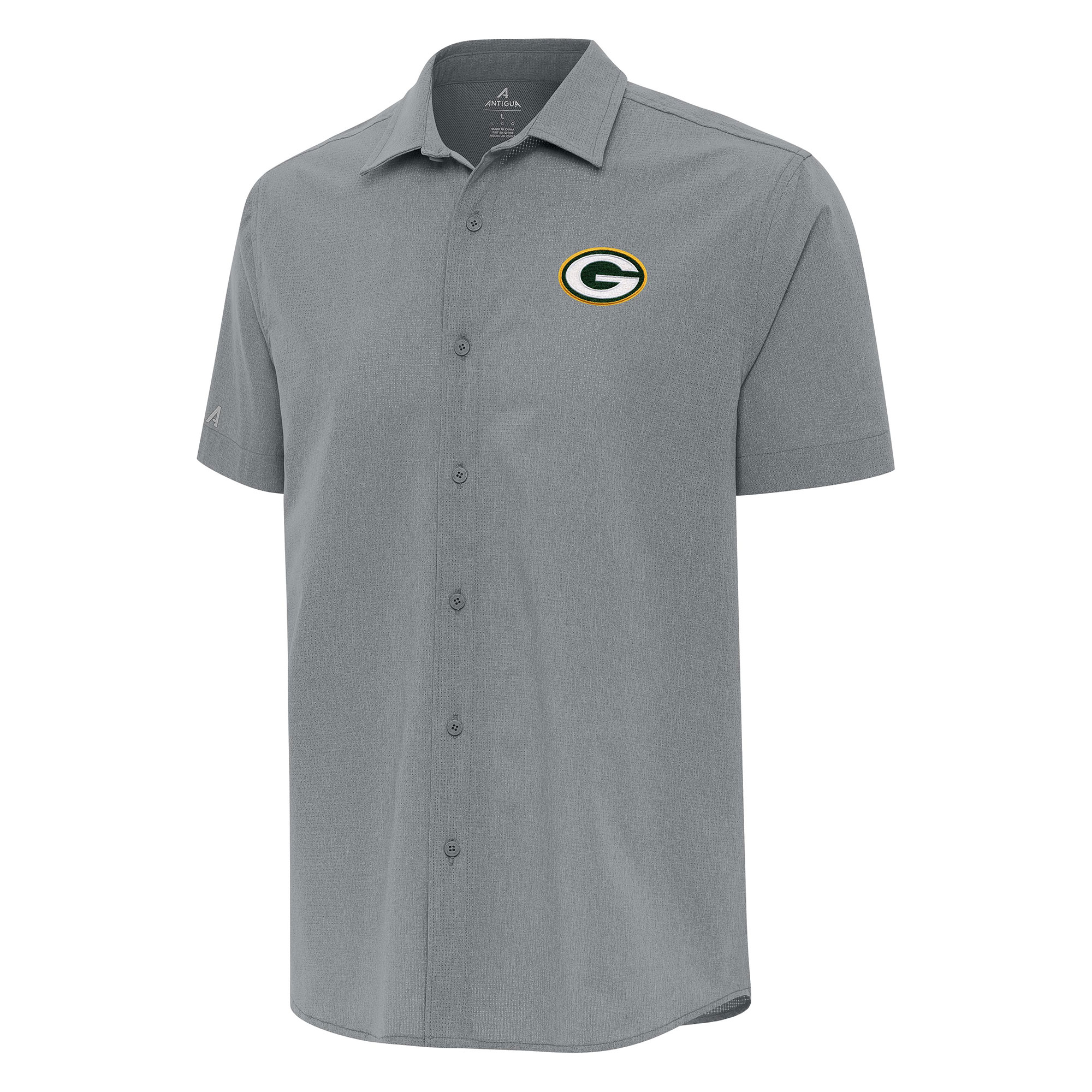 Men's Antigua Gray Green Bay Packers Activate Woven Button-Up Shirt