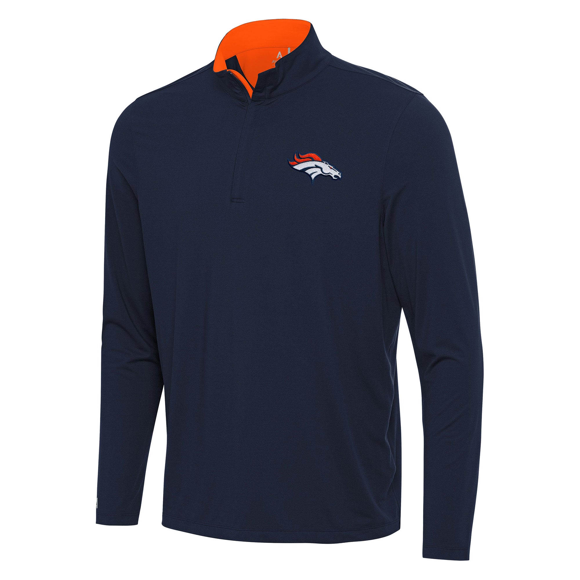 Men’s Antigua Navy/Orange Denver Broncos Content Quarter-Zip Pullover Top Men’s Antigua Navy/Orange Denver Broncos Content Quarter-Zip Pullover Top