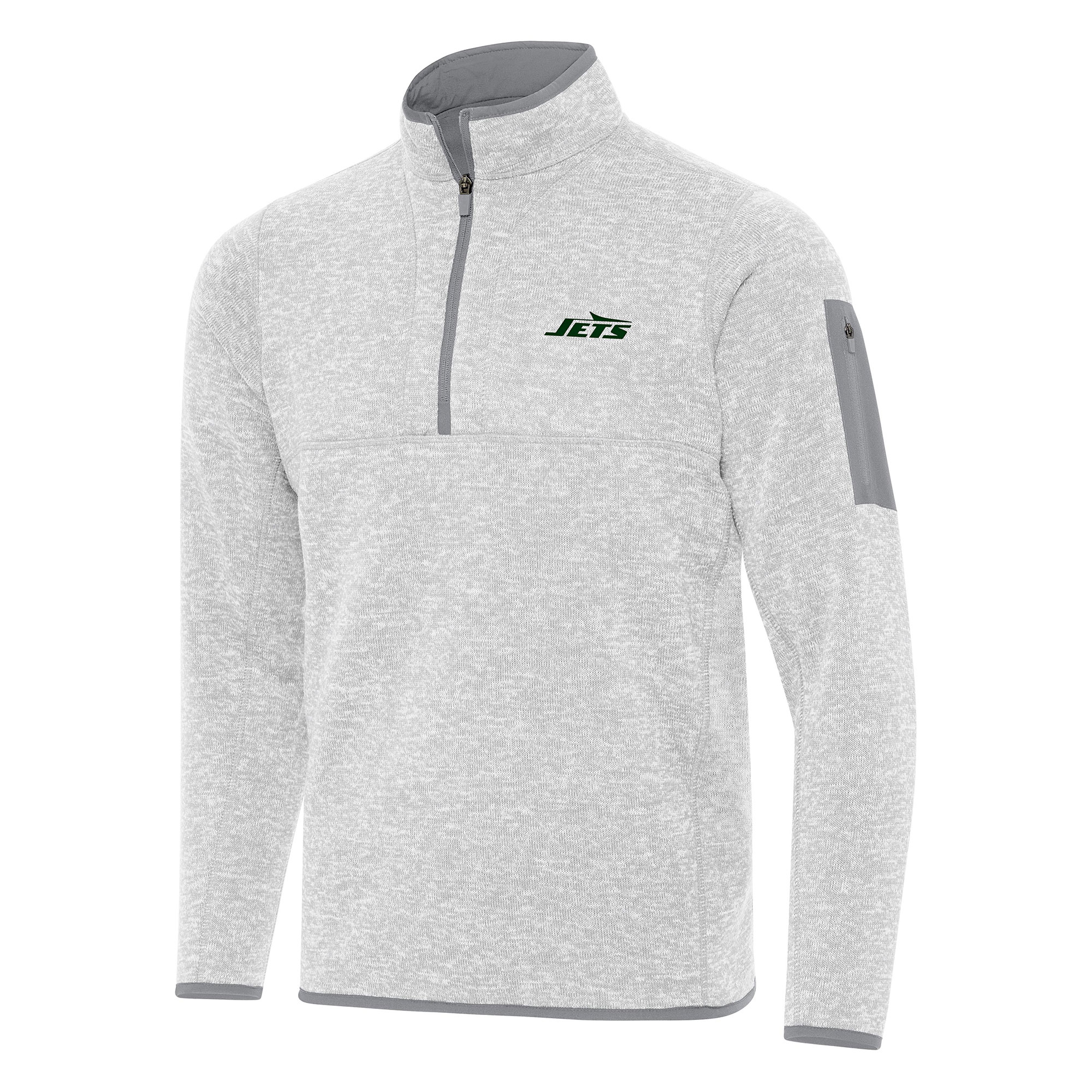 Men's Antigua Heather Gray New York Jets Fortune Quarter-Zip Pullover Jacket