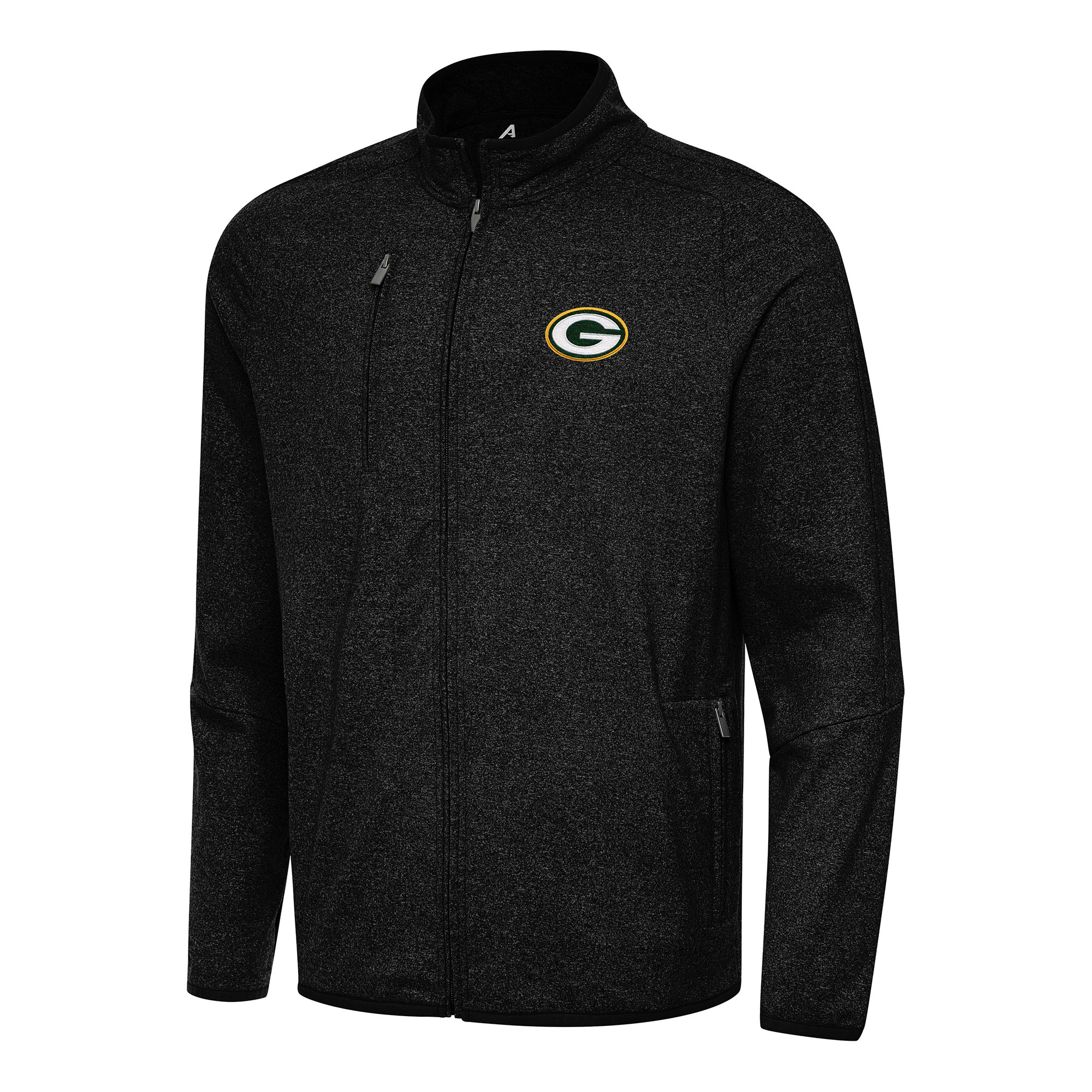Men's Antigua Heather Black Green Bay Packers Hold-Up Tri-Blend Full-Zip Jacket